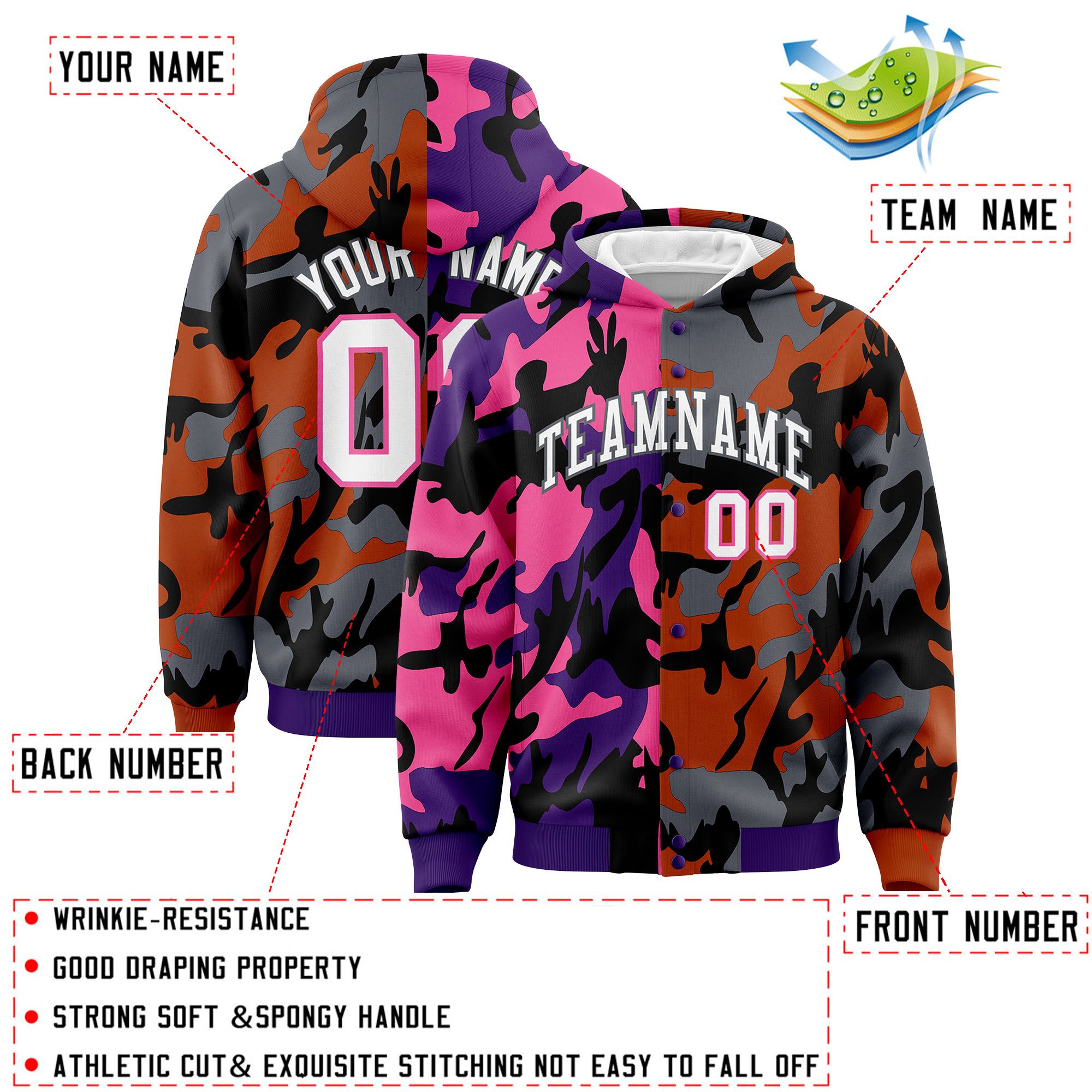 Custom Purple Texas Orange Full-Snap Varsity Two Tone Personalized Letterman Camo Hoodie Jacket