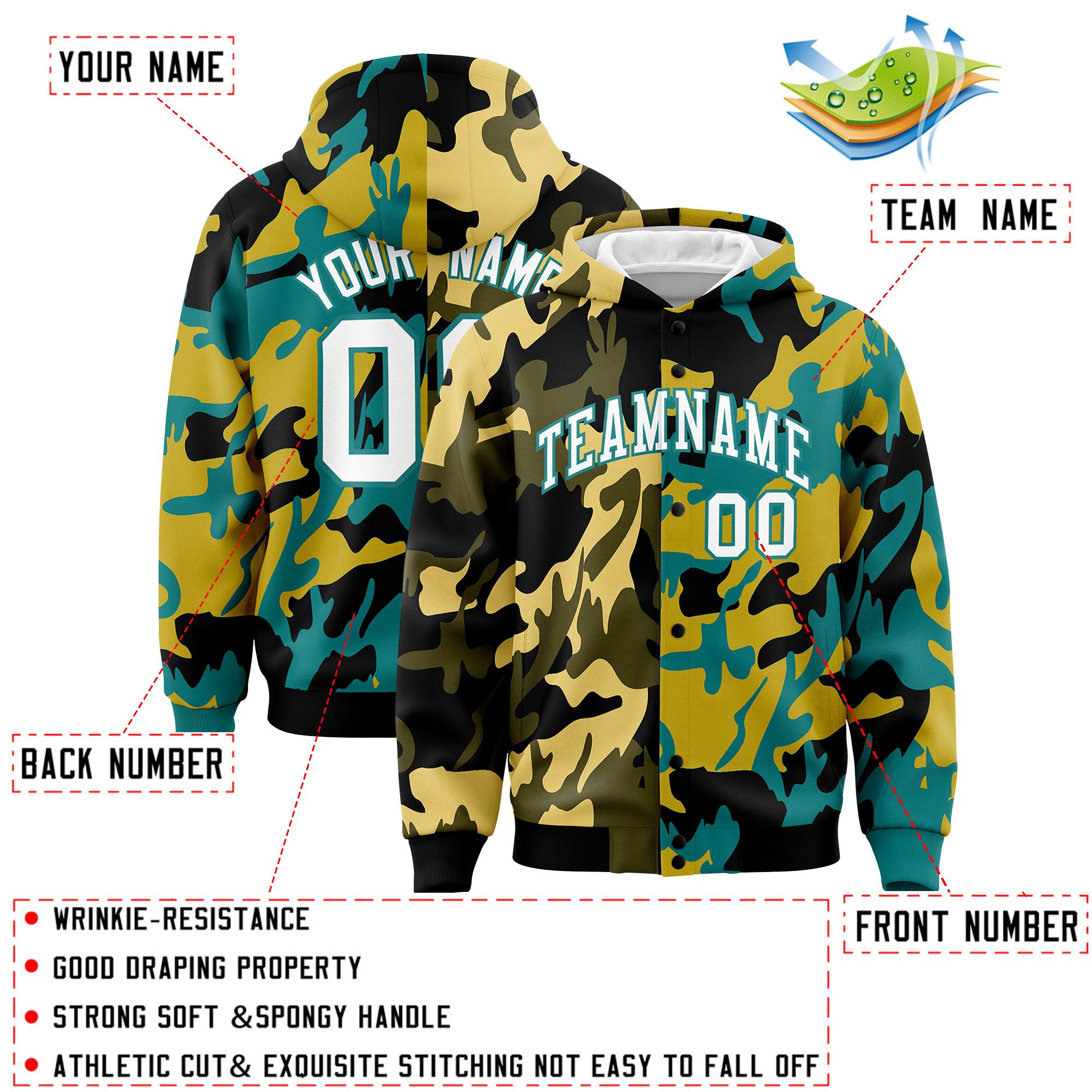 Custom Black Aqua Full-Snap Varsity Two Tone Personalized Letterman Camo Hoodie Jacket