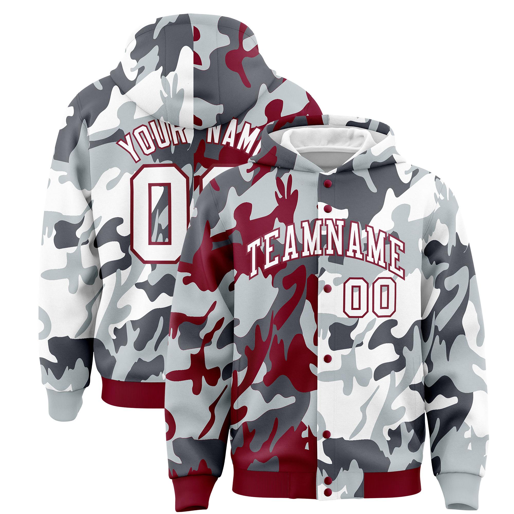 Custom Crimson Silver Full-Snap Varsity Two Tone Personalized Letterman Camo Hoodie Jacket