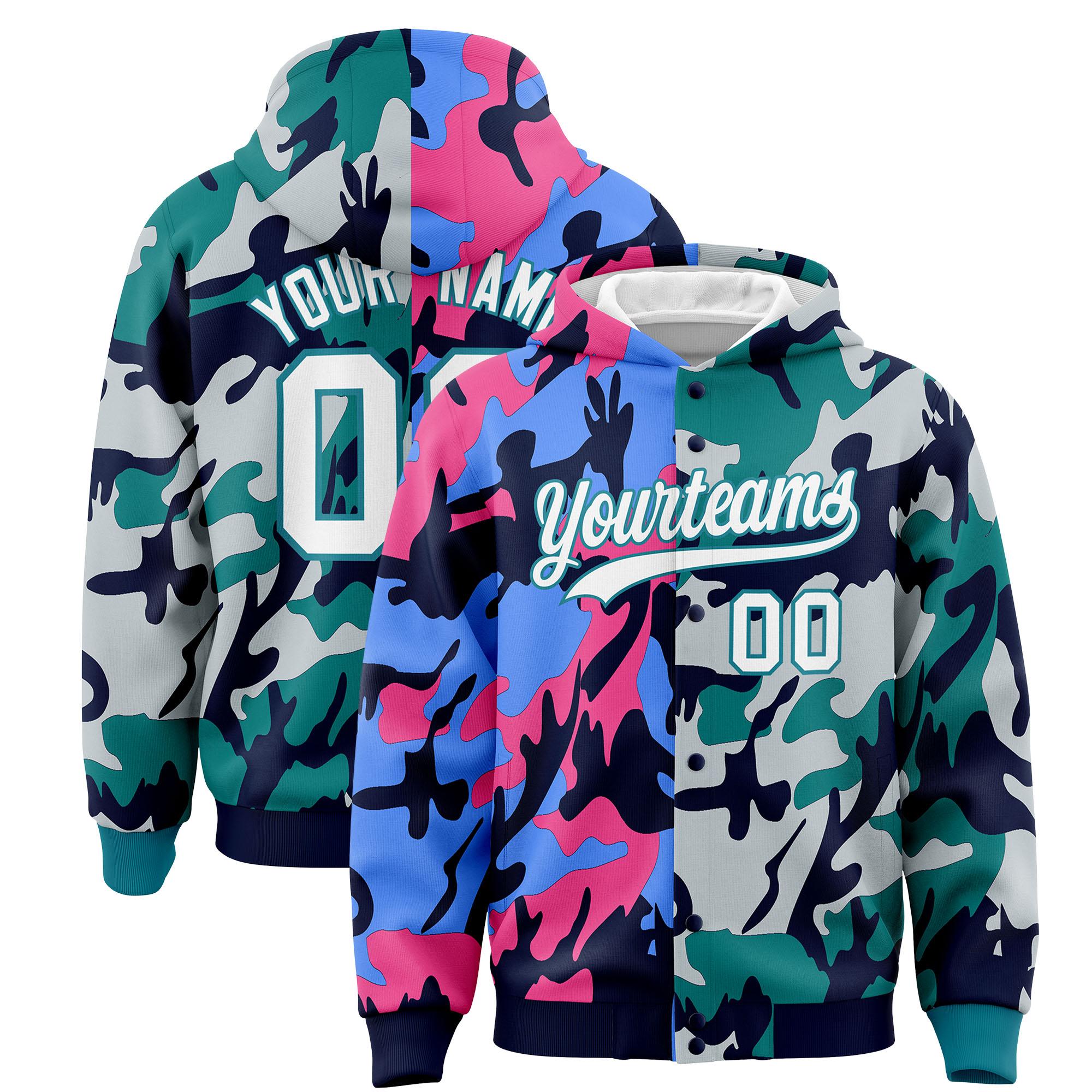 Custom Navy Aqua Full-Snap Varsity Two Tone Personalized Letterman Camo Hoodie Jacket