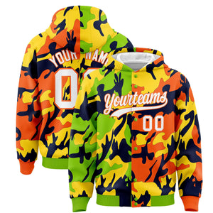 Custom Neon Green Orange Full-Snap Varsity Two Tone Personalized Letterman Camo Hoodie Jacket