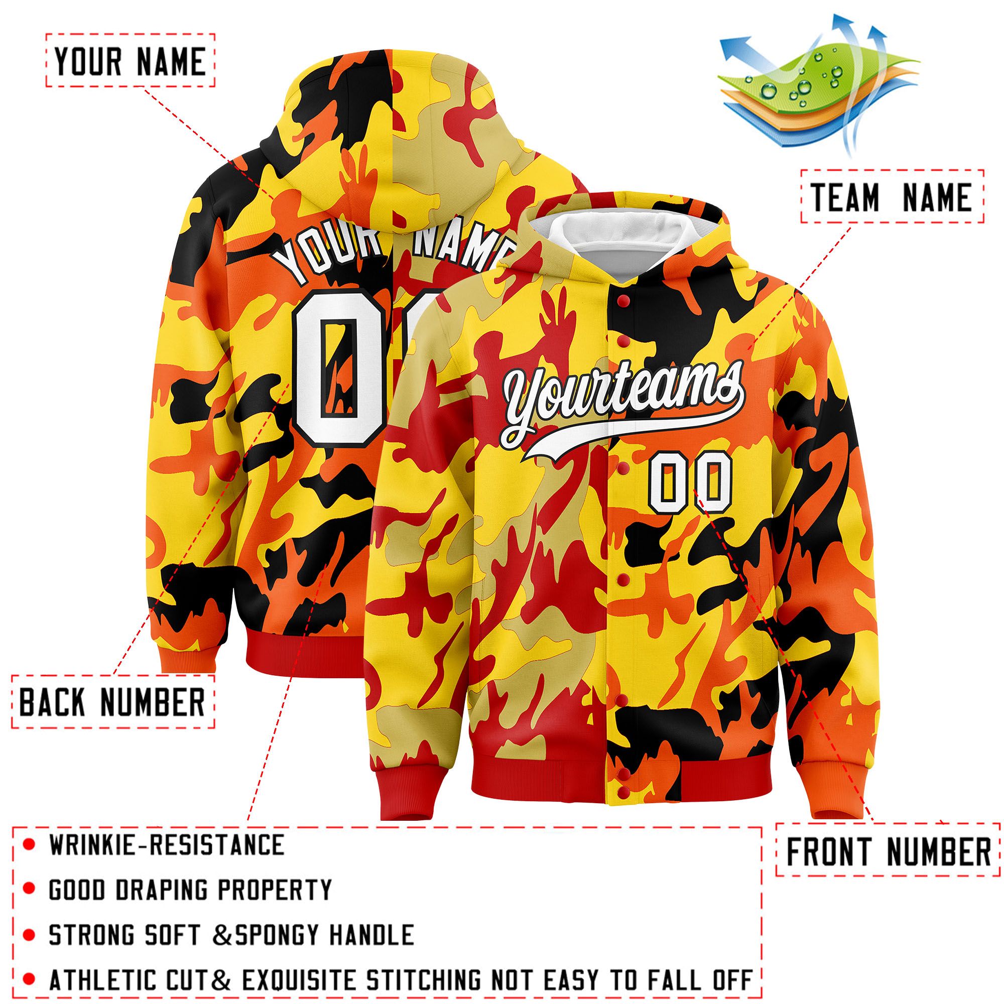 Custom Red Orange Full-Snap Varsity Two Tone Personalized Letterman Camo Hoodie Jacket