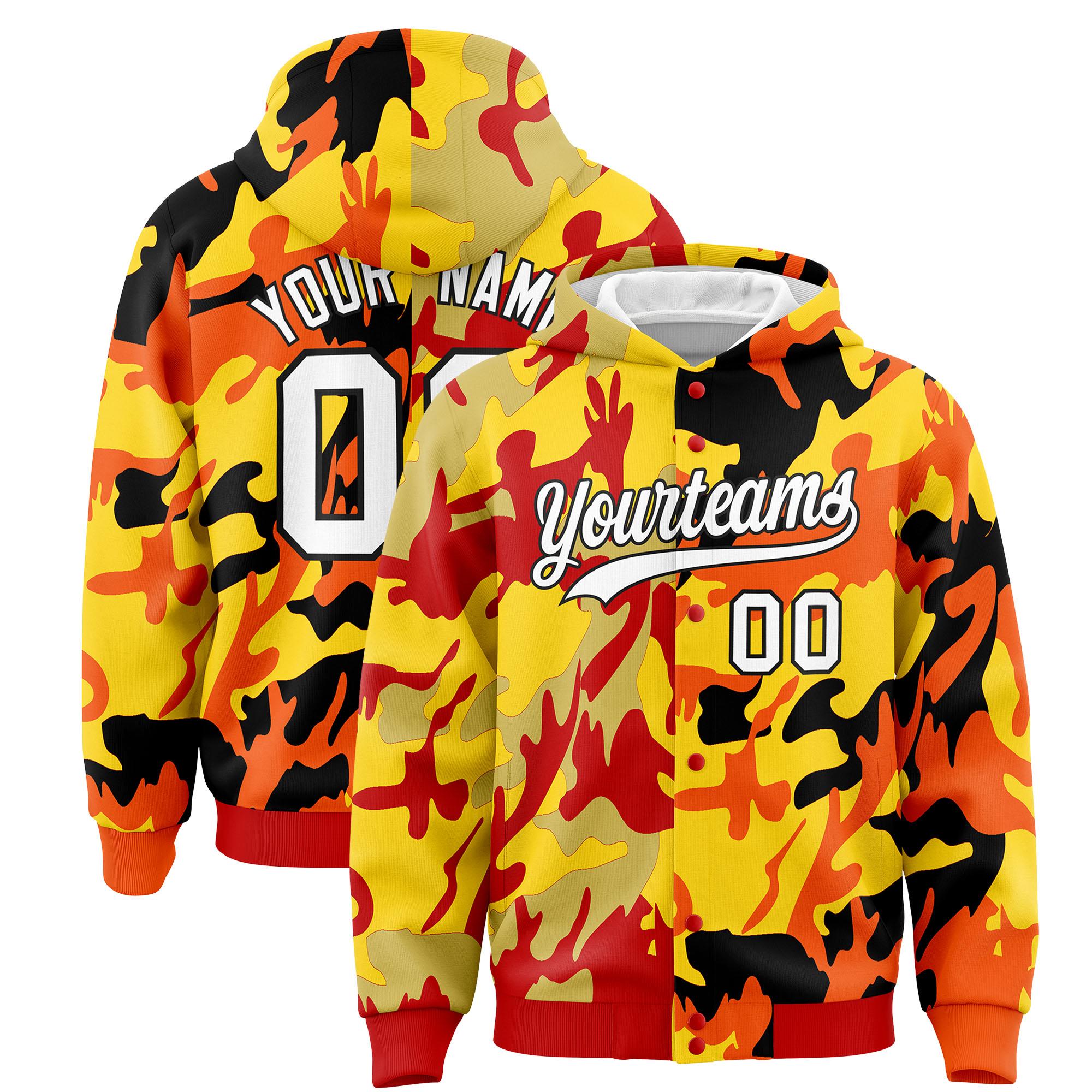 Custom Red Orange Full-Snap Varsity Two Tone Personalized Letterman Camo Hoodie Jacket