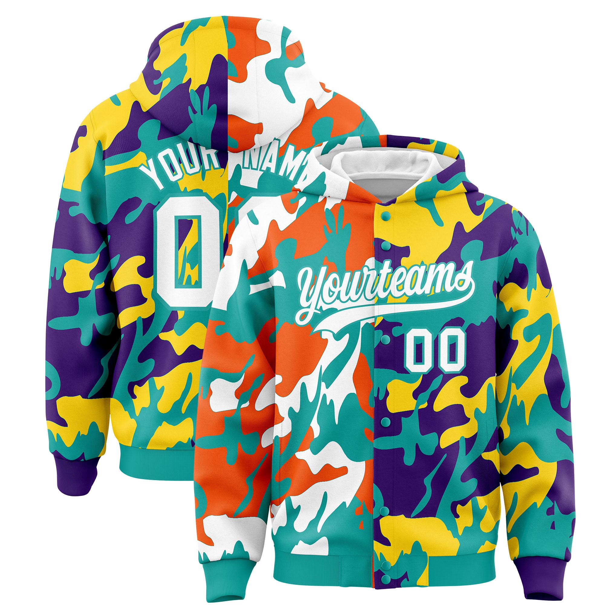 Custom Aqua Purple Full-Snap Varsity Two Tone Personalized Letterman Camo Hoodie Jacket