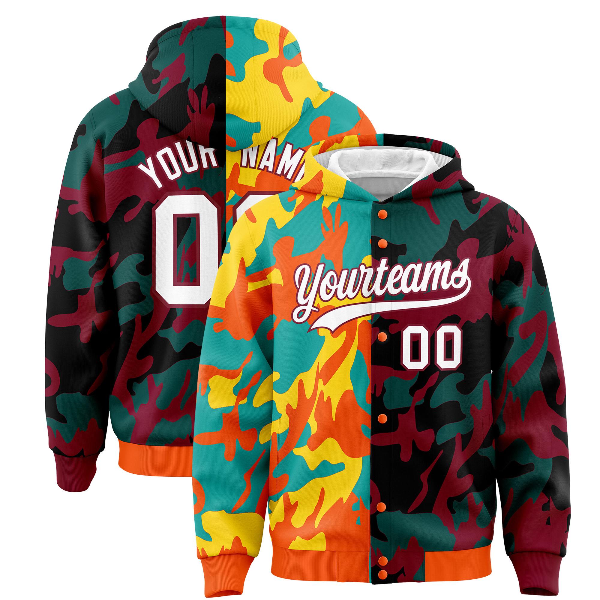 Custom Orange Crimson Full-Snap Varsity Two Tone Personalized Letterman Camo Hoodie Jacket