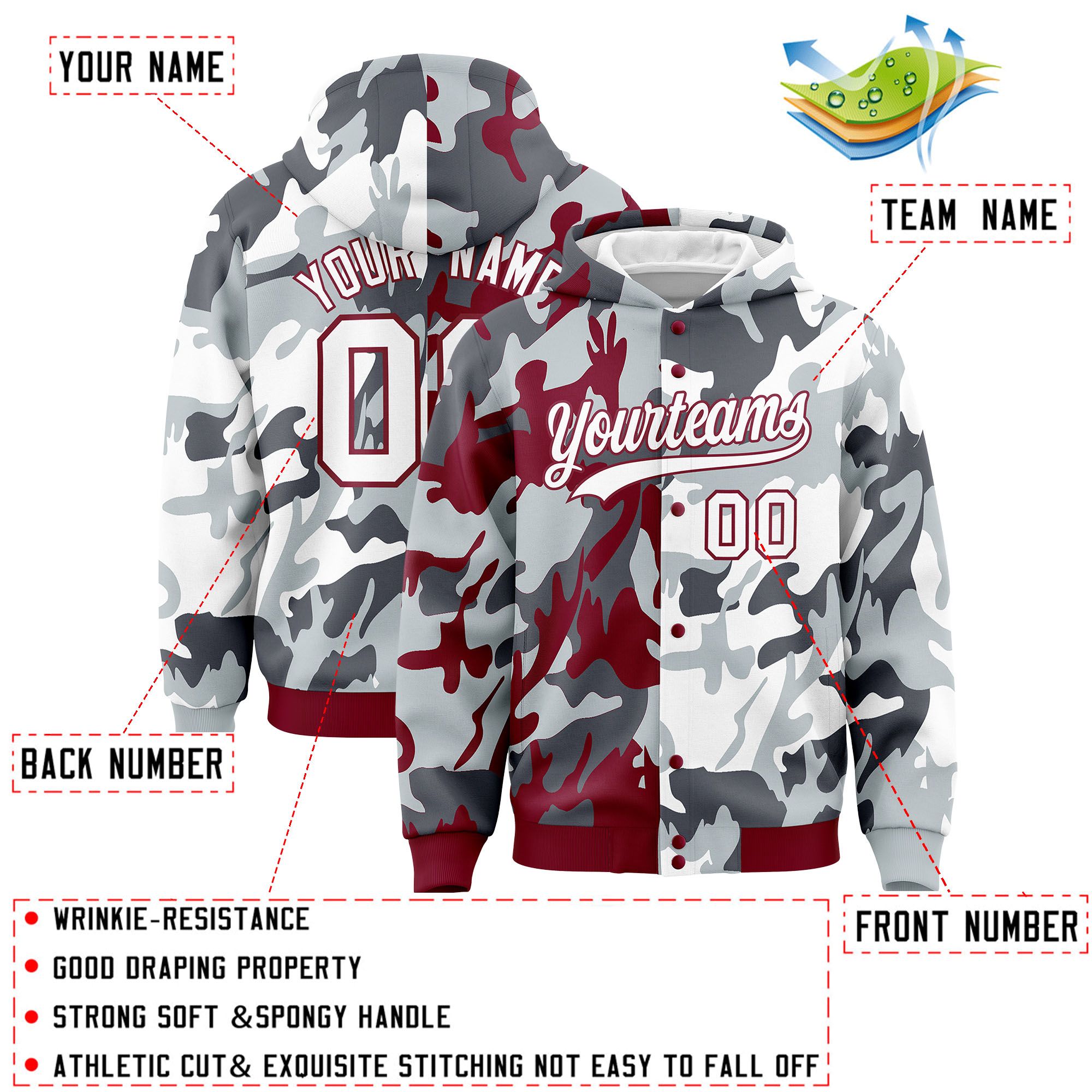 Custom Crimson Silver Full-Snap Varsity Two Tone Personalized Letterman Camo Hoodie Jacket