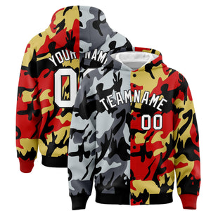 Custom Black Red Full-Snap Varsity Two Tone Personalized Letterman Camo Hoodie Jacket