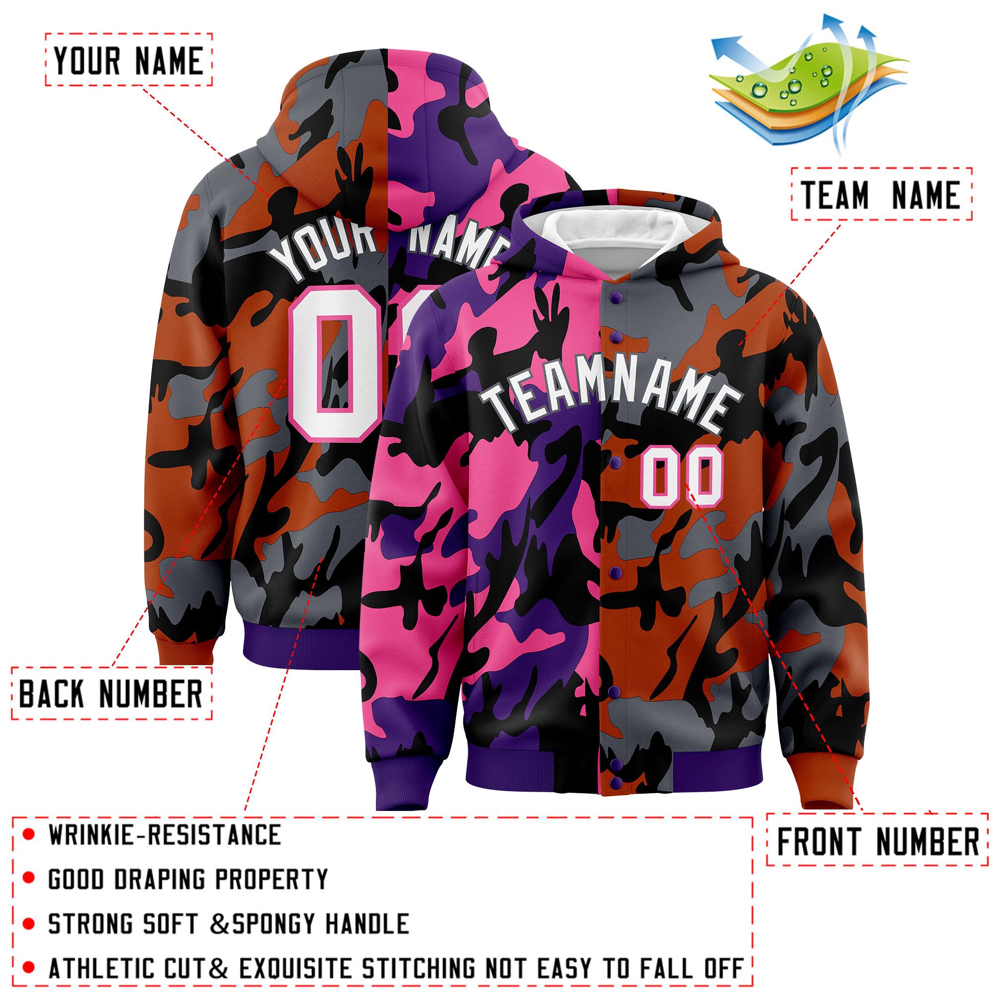 Custom Purple Texas Orange Full-Snap Varsity Two Tone Personalized Letterman Camo Hoodie Jacket