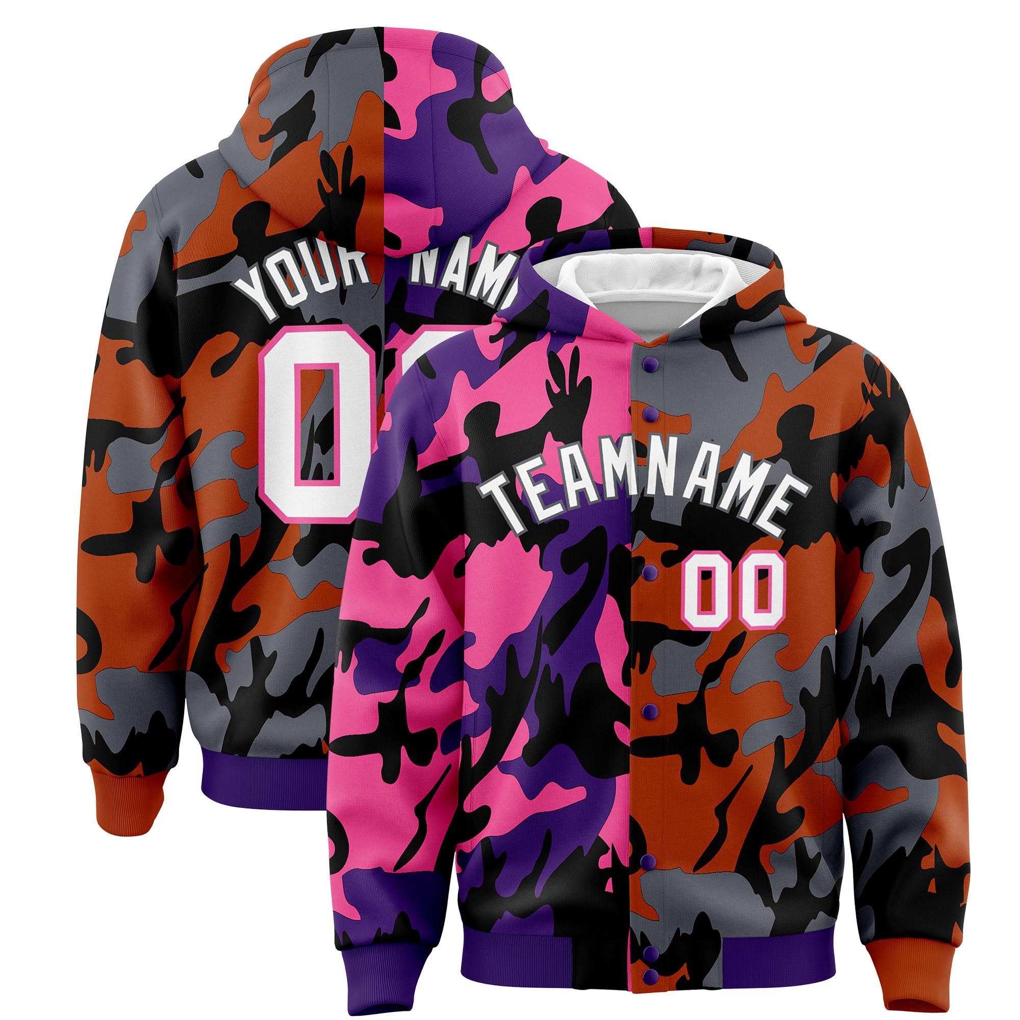 Custom Purple Texas Orange Full-Snap Varsity Two Tone Personalized Letterman Camo Hoodie Jacket