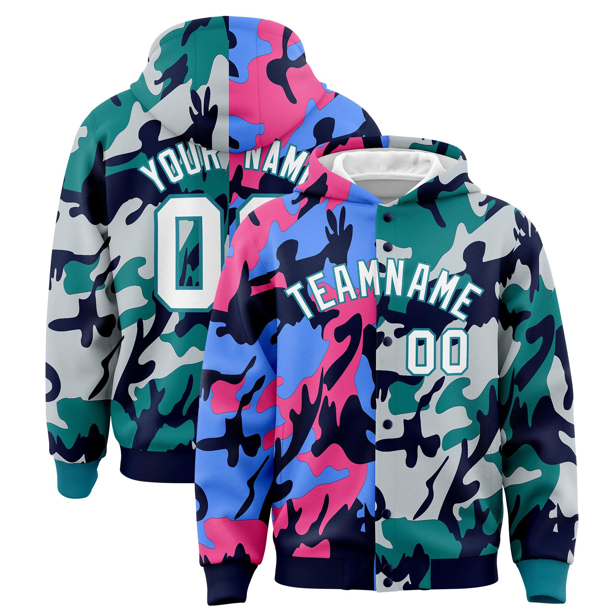 Custom Navy Aqua Full-Snap Varsity Two Tone Personalized Letterman Camo Hoodie Jacket