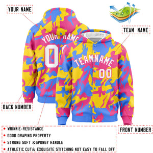 Custom Powder Blue Pink Full-Snap Varsity Two Tone Personalized Letterman Camo Hoodie Jacket