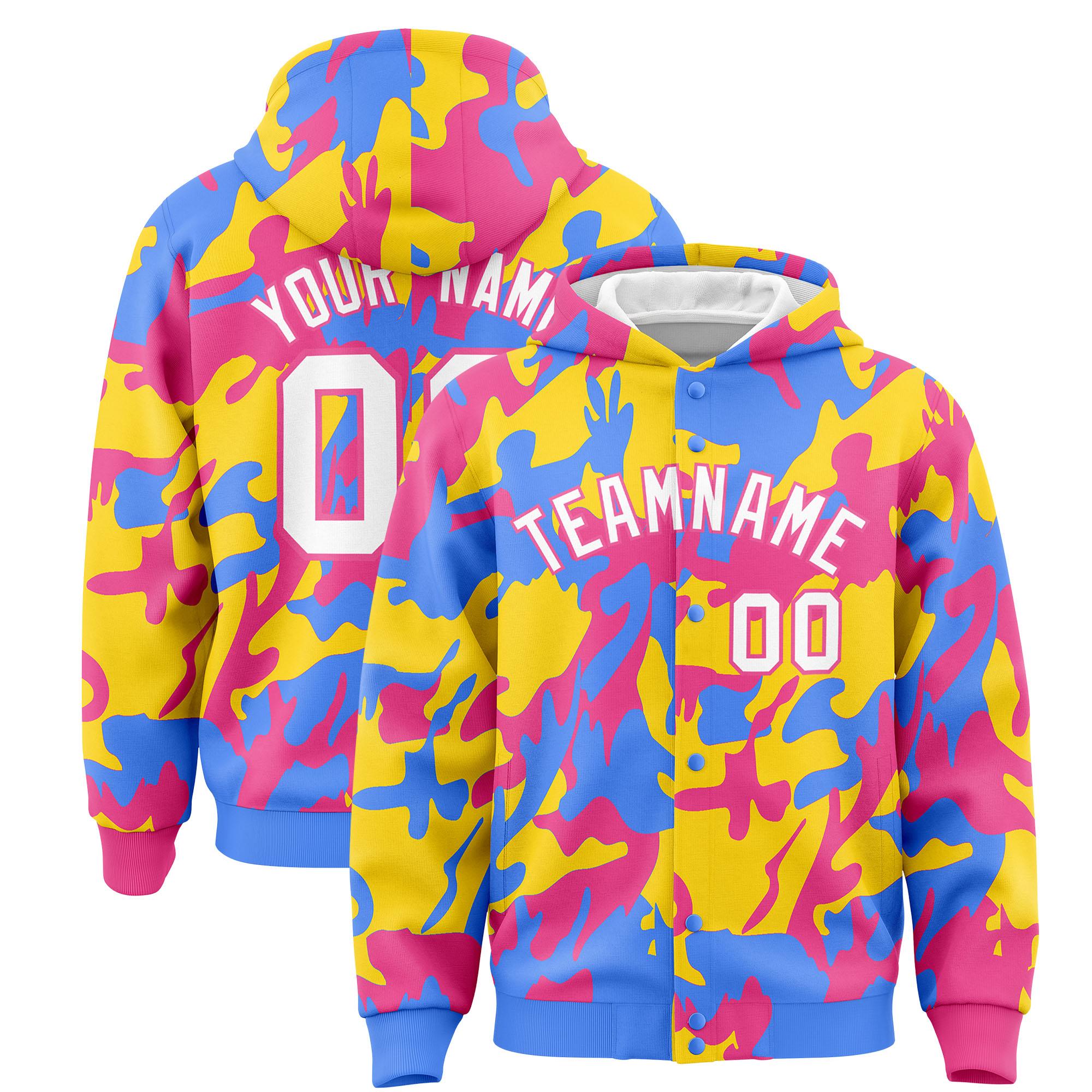 Custom Powder Blue Pink Full-Snap Varsity Two Tone Personalized Letterman Camo Hoodie Jacket