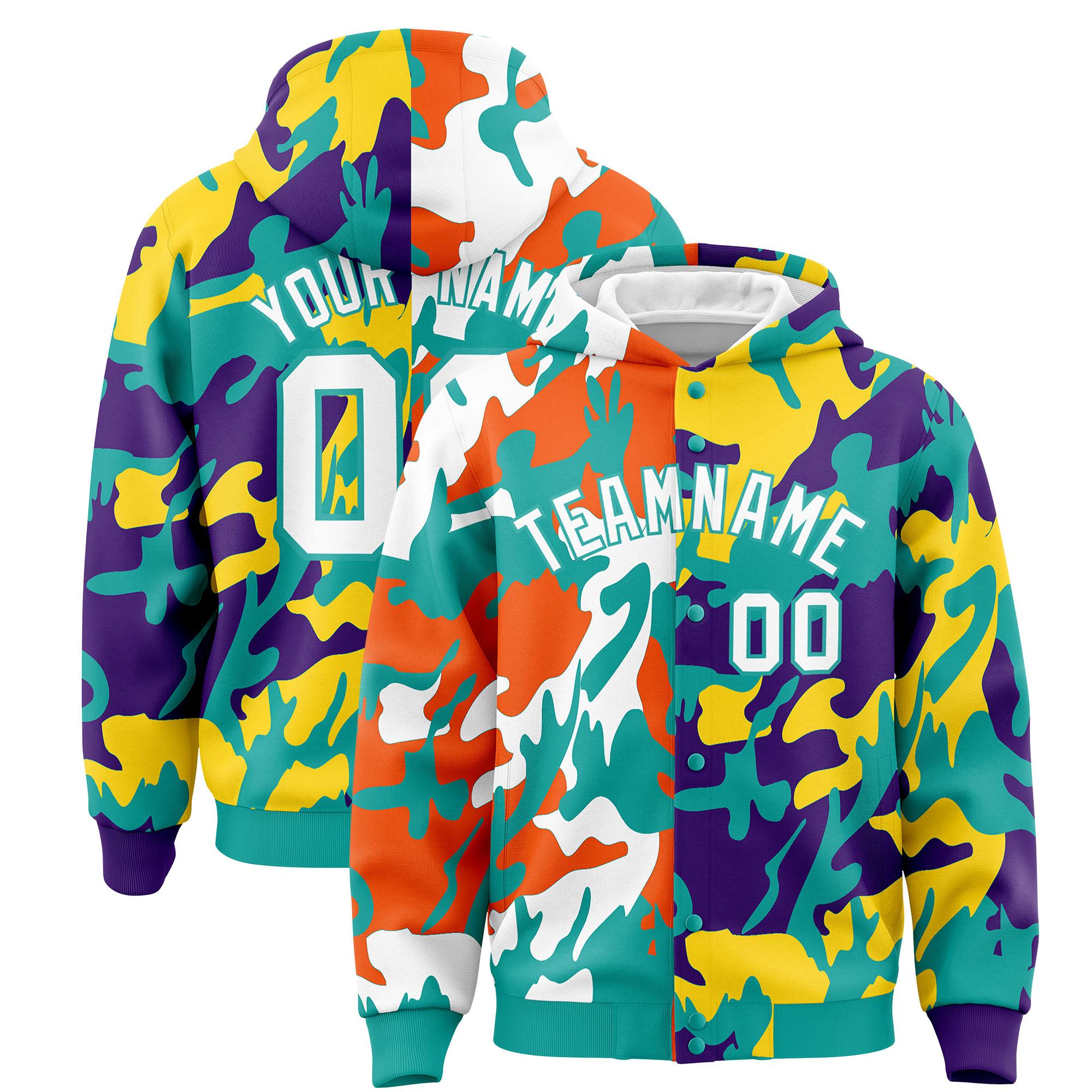 Custom Aqua Purple Full-Snap Varsity Two Tone Personalized Letterman Camo Hoodie Jacket