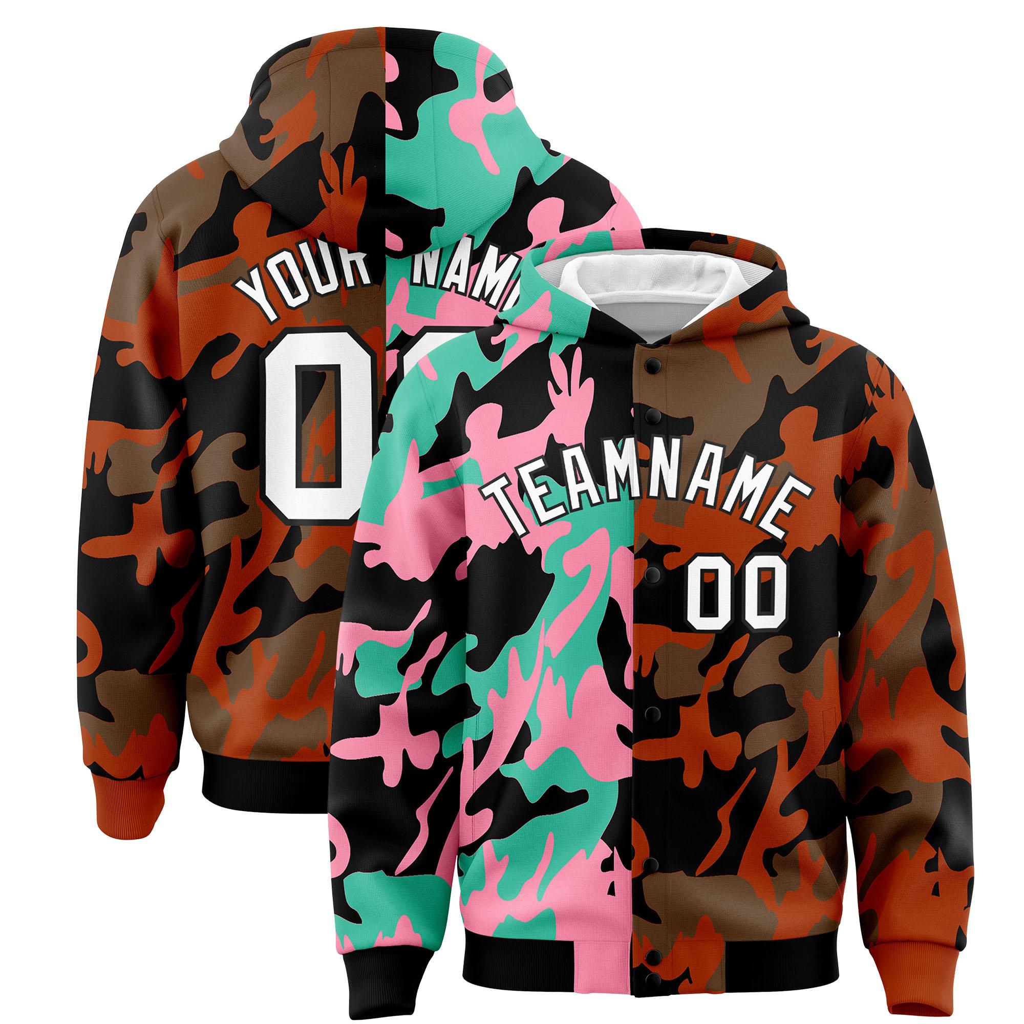 Custom Black Texas Orange Full-Snap Varsity Two Tone Personalized Letterman Camo Hoodie Jacket