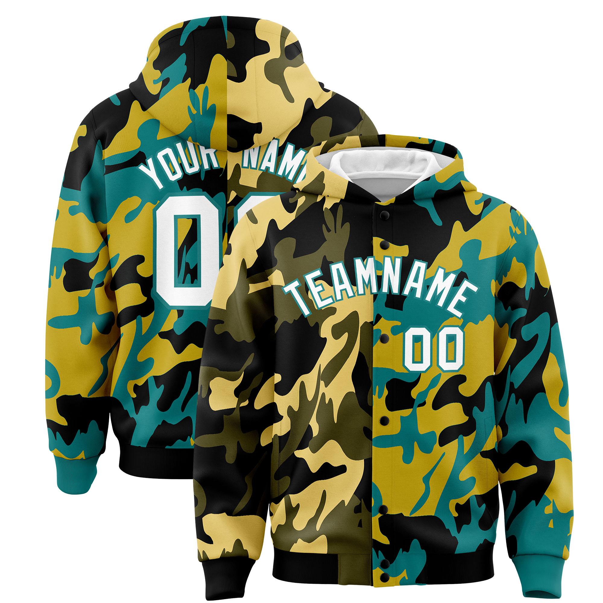 Custom Black Aqua Full-Snap Varsity Two Tone Personalized Letterman Camo Hoodie Jacket