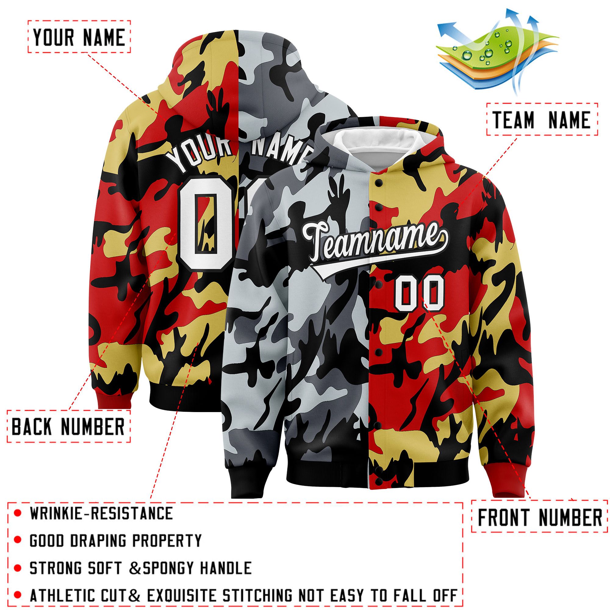 Custom Black Red Full-Snap Varsity Two Tone Personalized Letterman Camo Hoodie Jacket