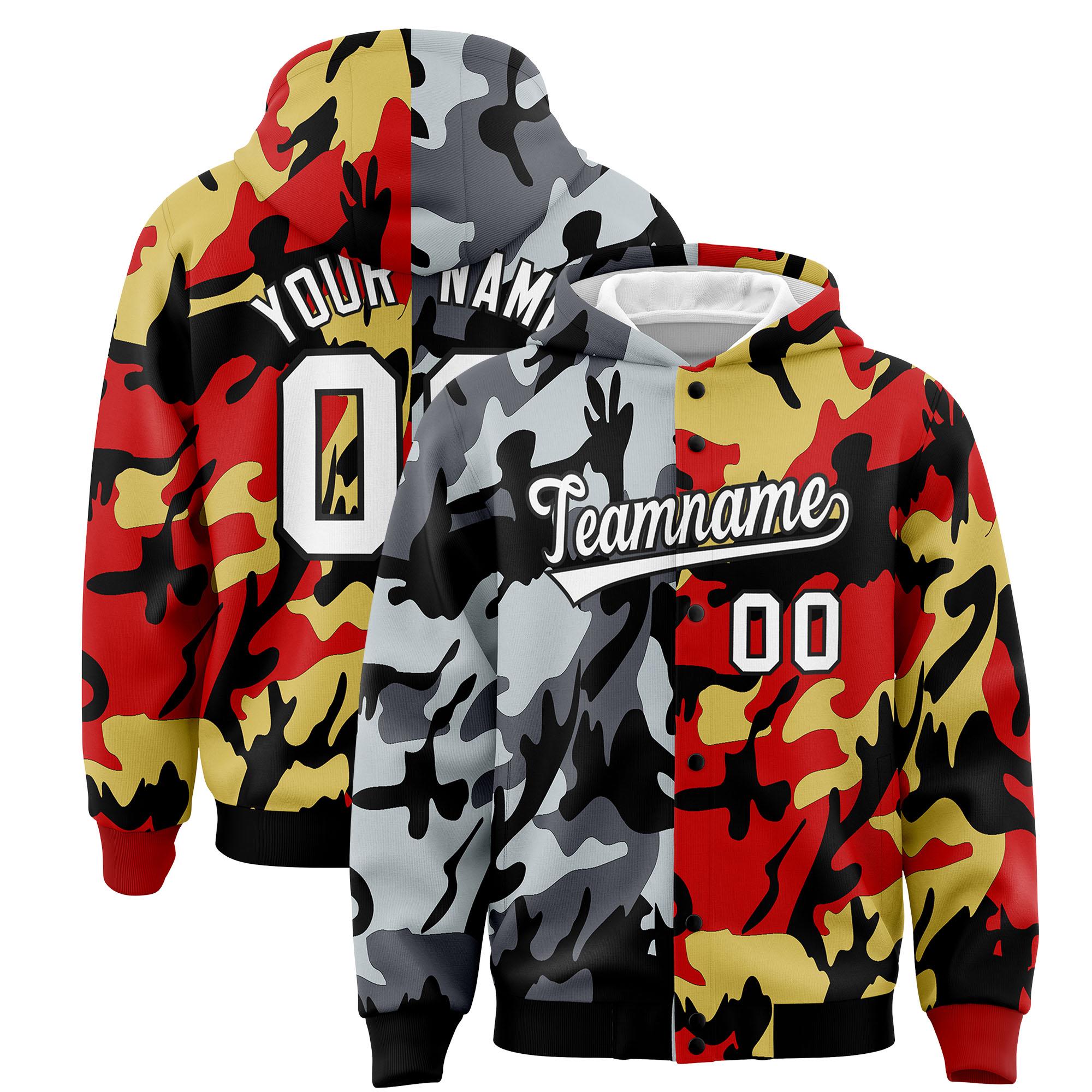 Custom Black Red Full-Snap Varsity Two Tone Personalized Letterman Camo Hoodie Jacket