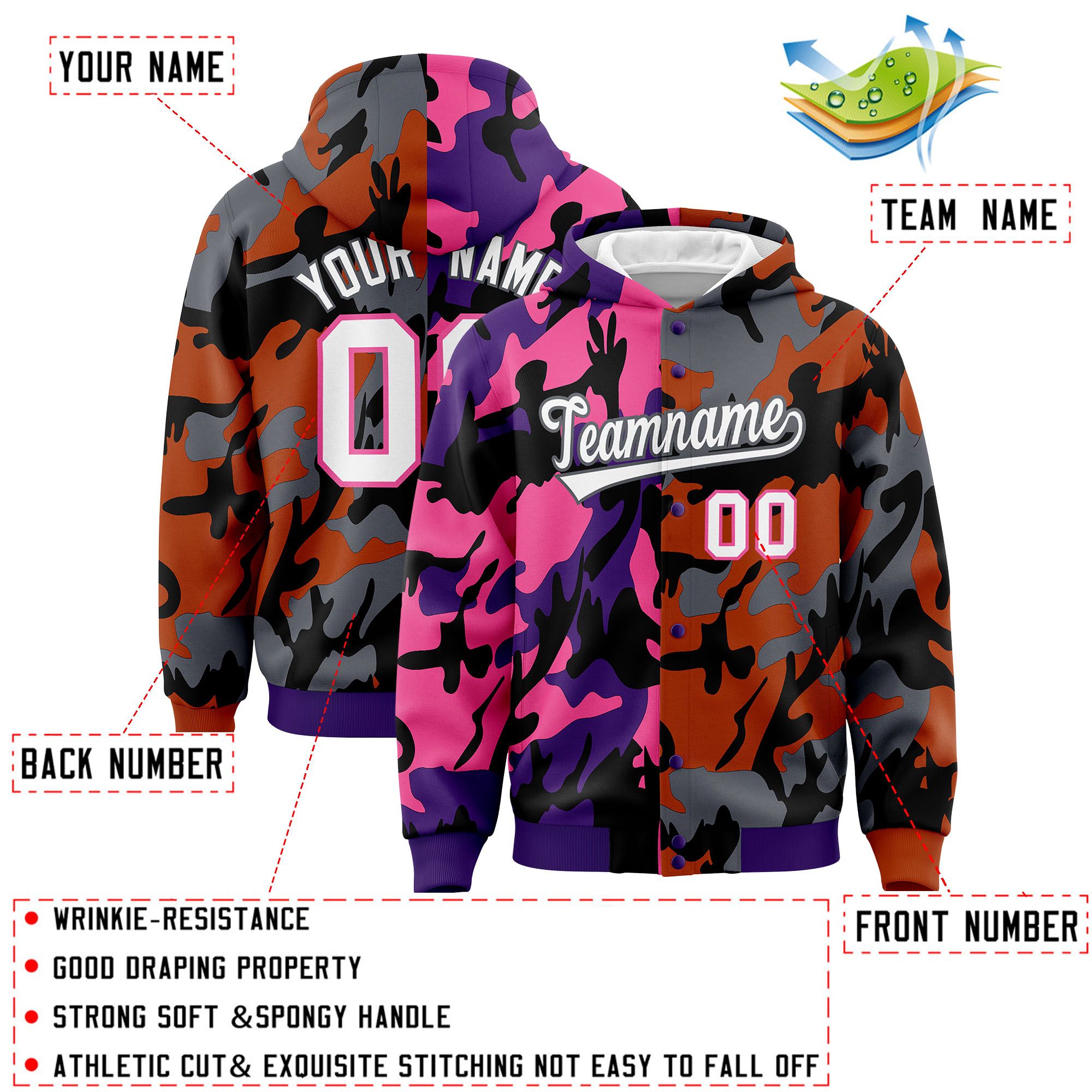 Custom Purple Texas Orange Full-Snap Varsity Two Tone Personalized Letterman Camo Hoodie Jacket