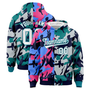 Custom Navy Aqua Full-Snap Varsity Two Tone Personalized Letterman Camo Hoodie Jacket