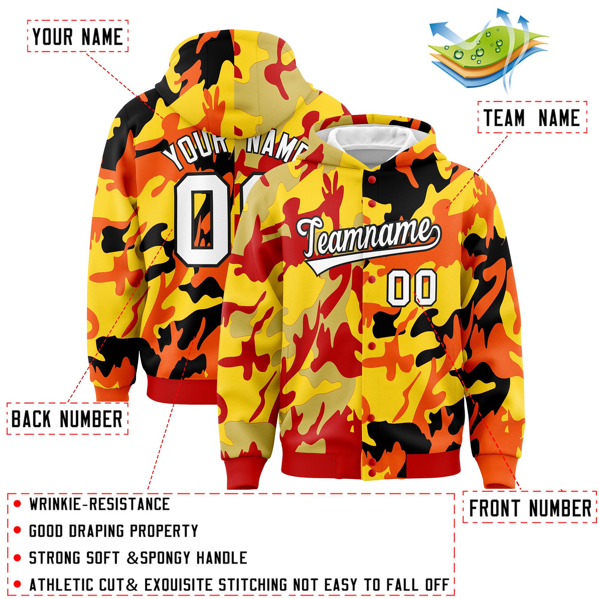 Custom Red Orange Full-Snap Varsity Two Tone Personalized Letterman Camo Hoodie Jacket