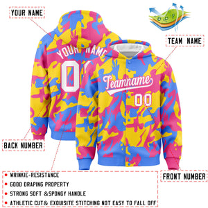 Custom Powder Blue Pink Full-Snap Varsity Two Tone Personalized Letterman Camo Hoodie Jacket