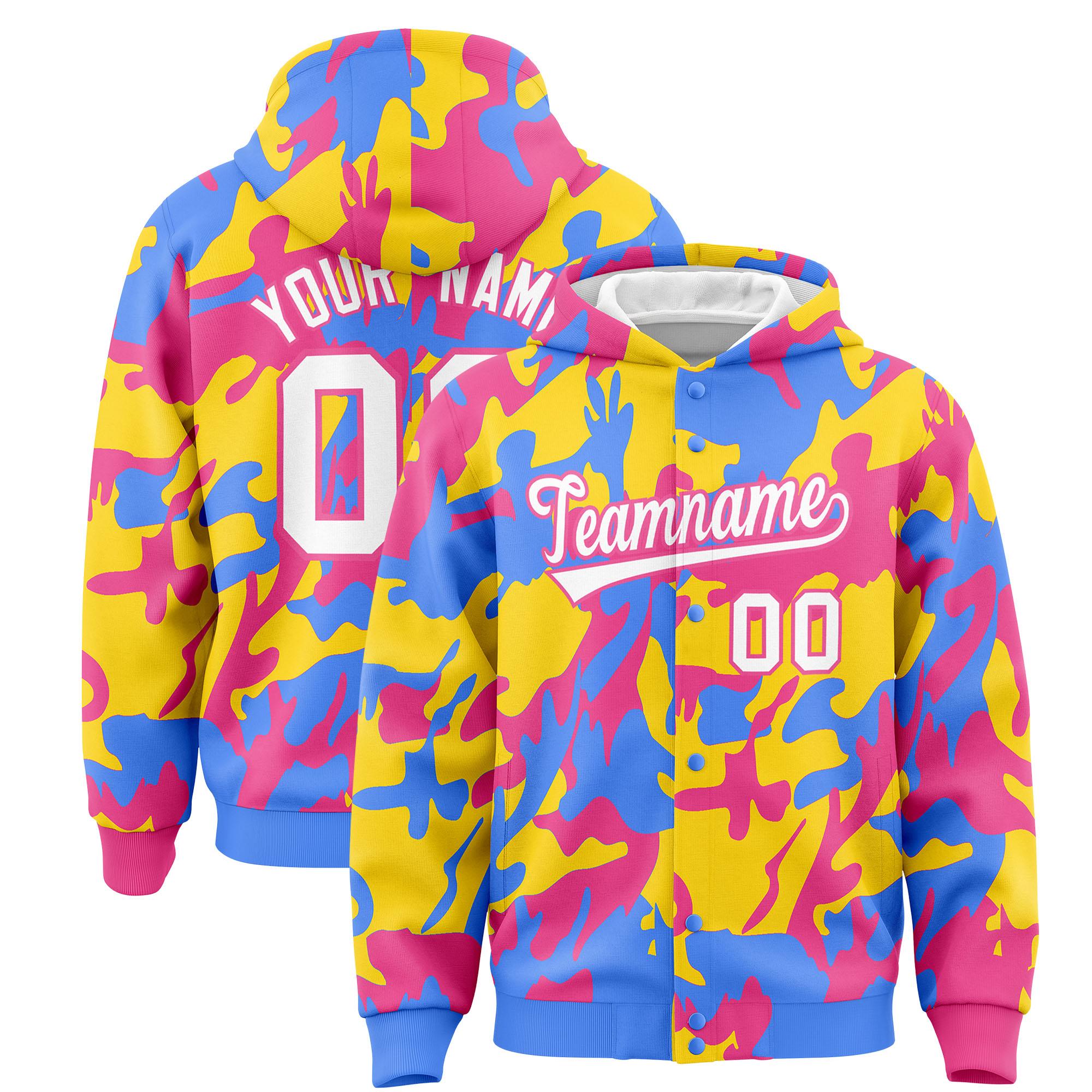 Custom Powder Blue Pink Full-Snap Varsity Two Tone Personalized Letterman Camo Hoodie Jacket