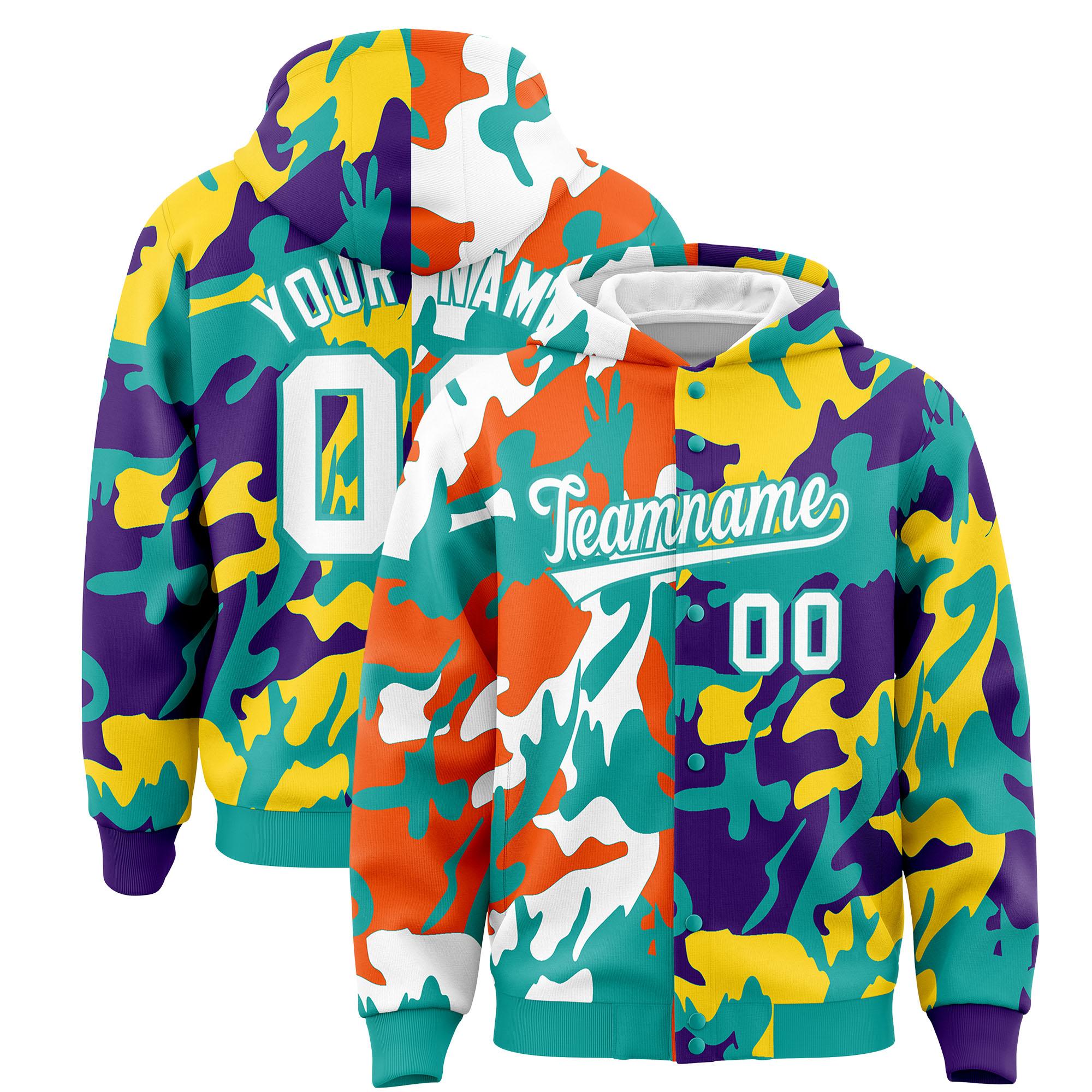 Custom Aqua Purple Full-Snap Varsity Two Tone Personalized Letterman Camo Hoodie Jacket