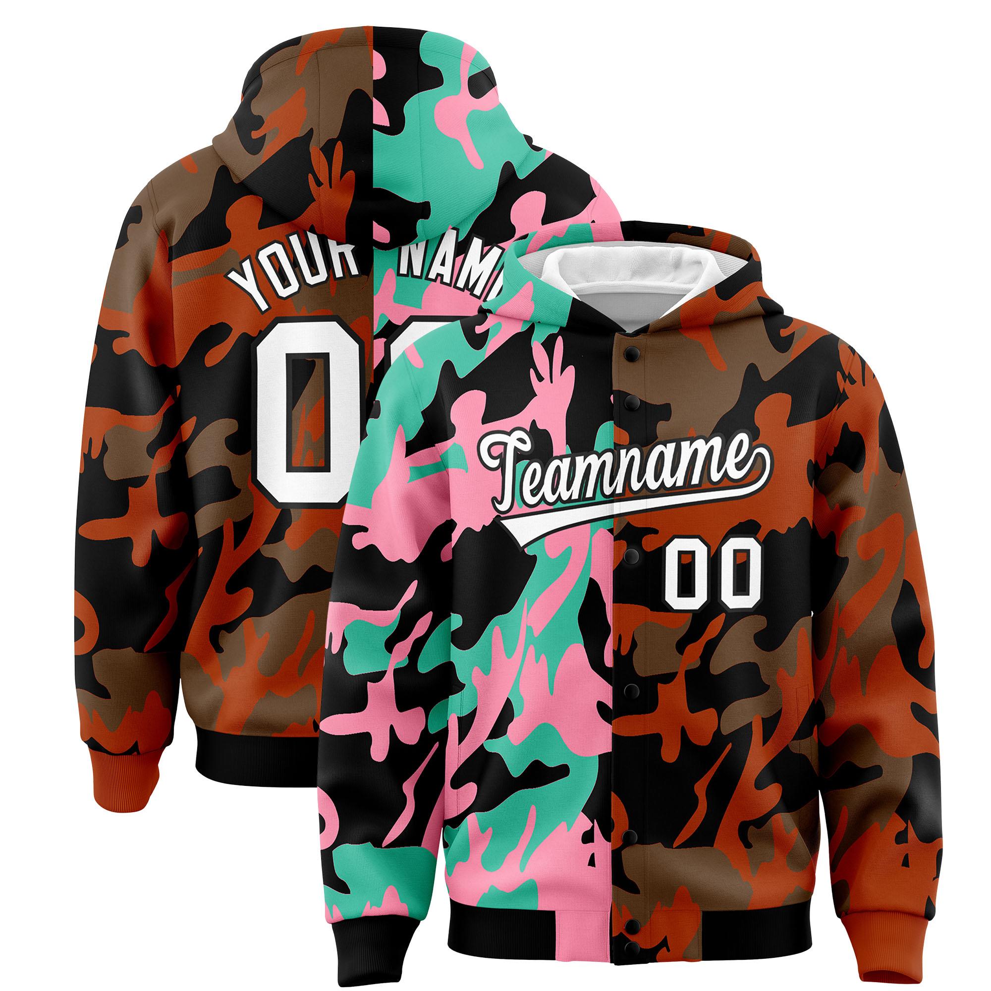 Custom Black Texas Orange Full-Snap Varsity Two Tone Personalized Letterman Camo Hoodie Jacket