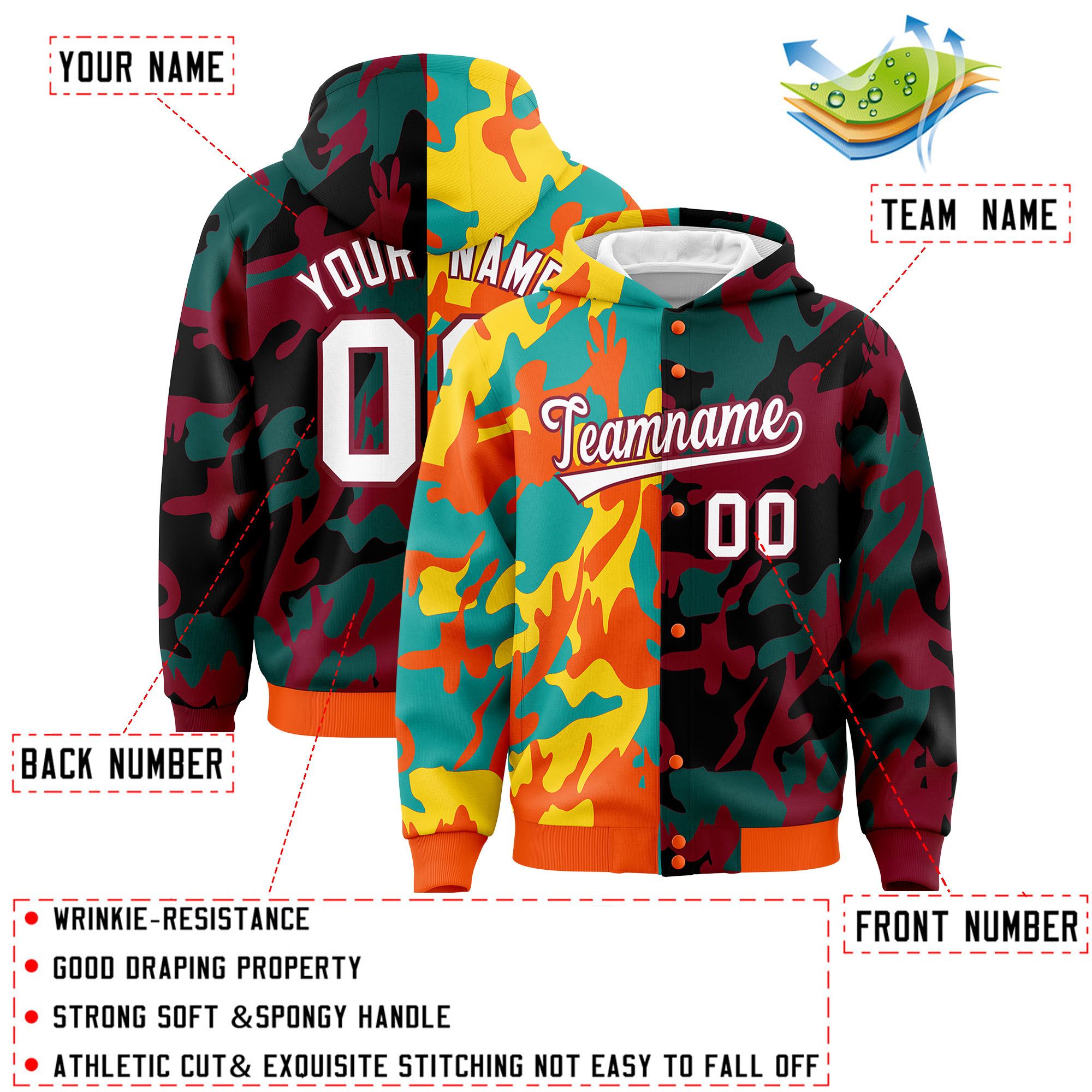 Custom Orange Crimson Full-Snap Varsity Two Tone Personalized Letterman Camo Hoodie Jacket