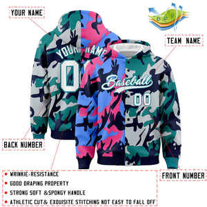 Custom Navy Aqua Full-Snap Varsity Two Tone Personalized Letterman Camo Hoodie Jacket