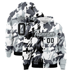 Custom Black Silver Full-Snap Varsity Two Tone Personalized Letterman Camo Hoodie Jacket