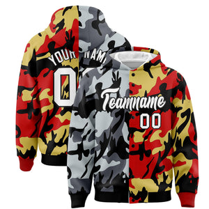 Custom Black Red Full-Snap Varsity Two Tone Personalized Letterman Camo Hoodie Jacket