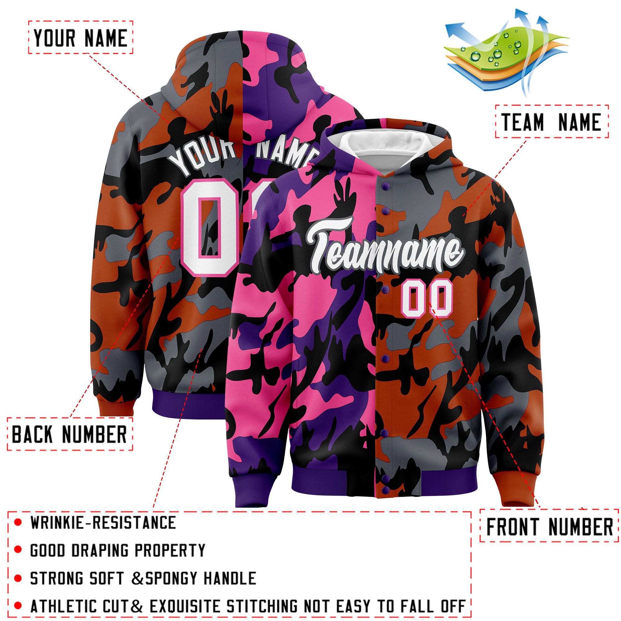 Custom Purple Texas Orange Full-Snap Varsity Two Tone Personalized Letterman Camo Hoodie Jacket