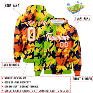 Custom Neon Green Orange Full-Snap Varsity Two Tone Personalized Letterman Camo Hoodie Jacket