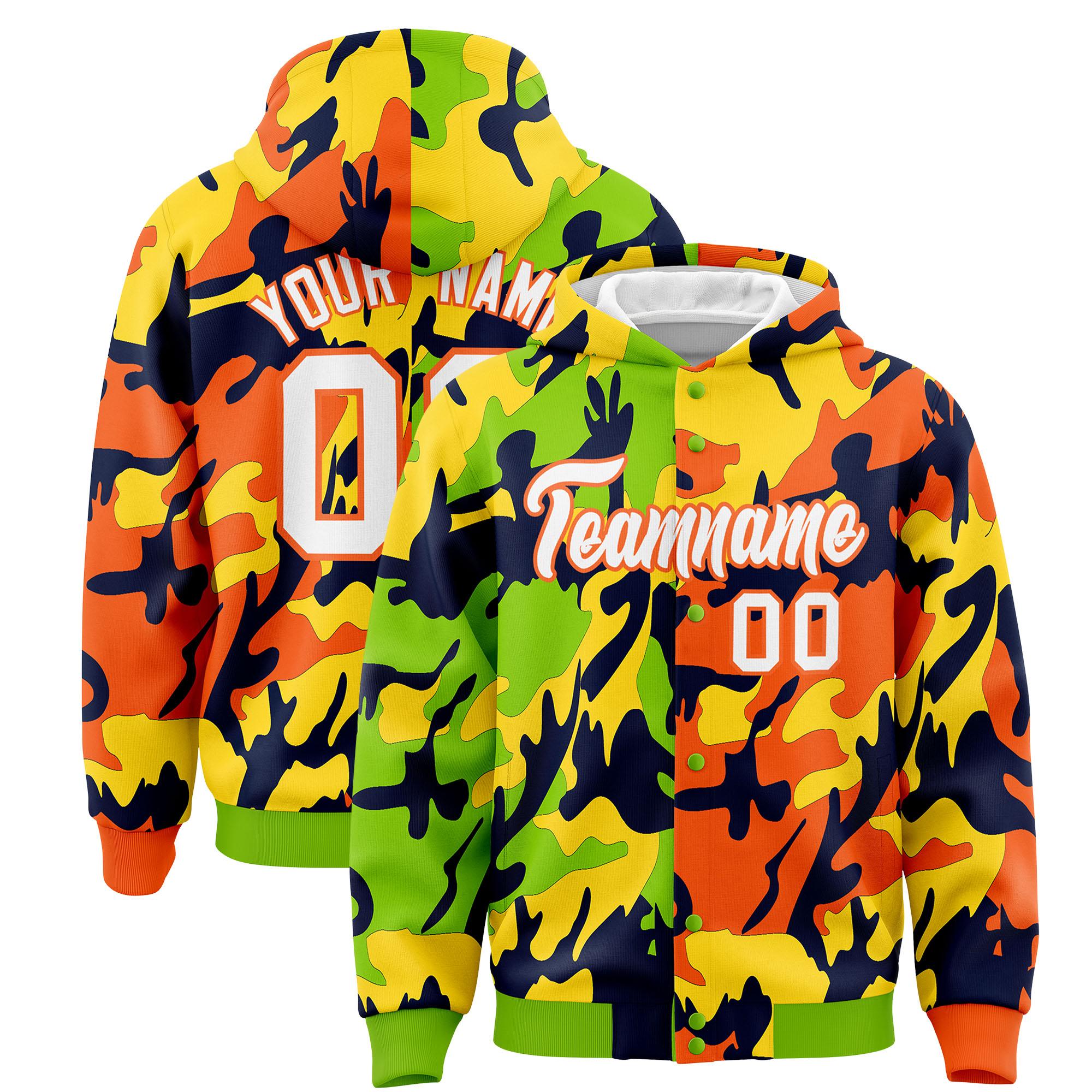 Custom Neon Green Orange Full-Snap Varsity Two Tone Personalized Letterman Camo Hoodie Jacket