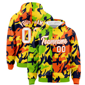 Custom Neon Green Orange Full-Snap Varsity Two Tone Personalized Letterman Camo Hoodie Jacket