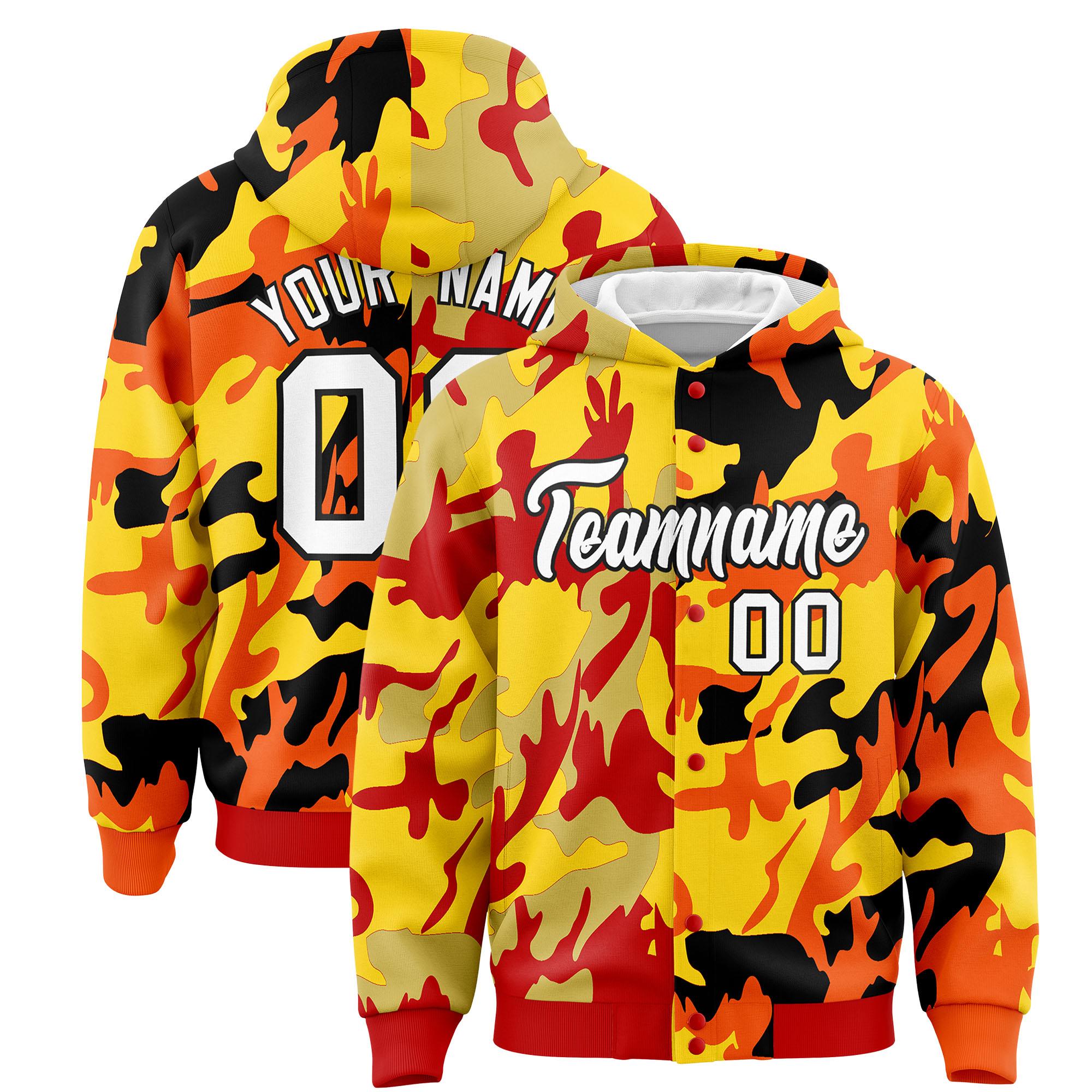 Custom Red Orange Full-Snap Varsity Two Tone Personalized Letterman Camo Hoodie Jacket