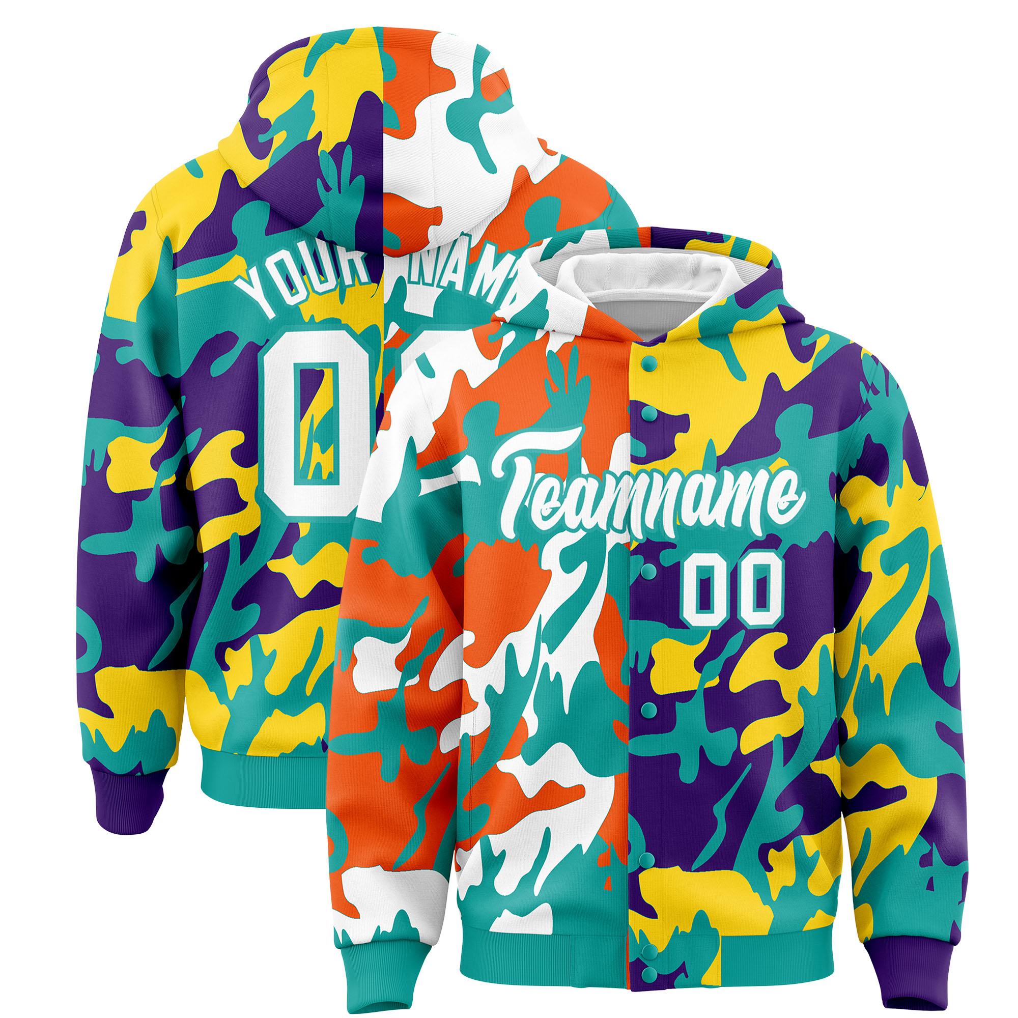 Custom Aqua Purple Full-Snap Varsity Two Tone Personalized Letterman Camo Hoodie Jacket