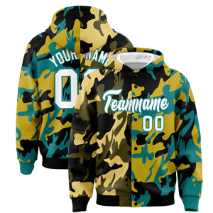 Custom Black Aqua Full-Snap Varsity Two Tone Personalized Letterman Camo Hoodie Jacket