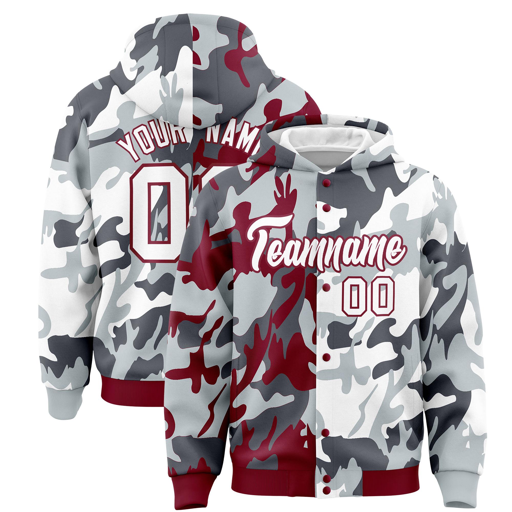 Custom Crimson Silver Full-Snap Varsity Two Tone Personalized Letterman Camo Hoodie Jacket