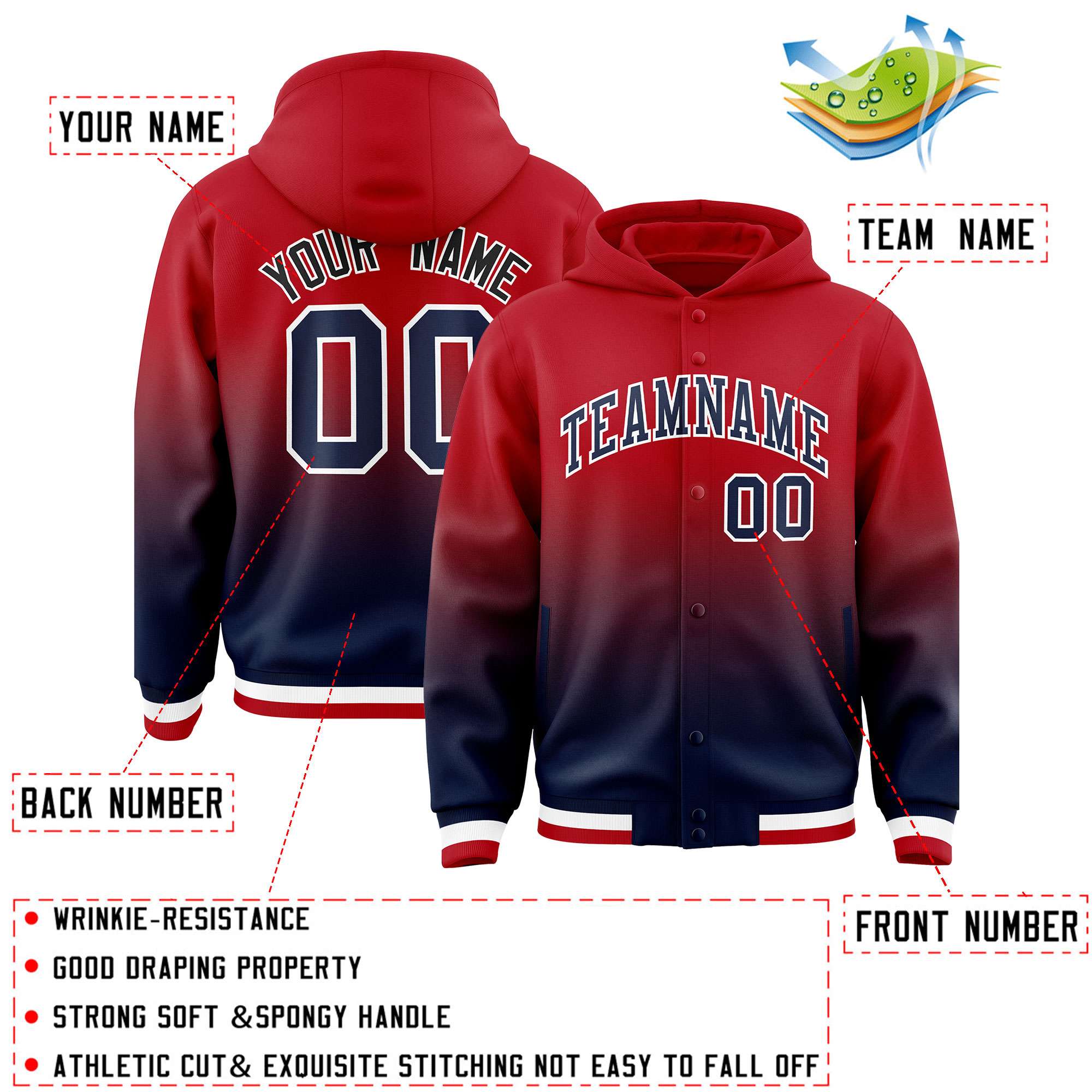 Custom Red Navy Varsity Full-Snap Letterman Gradient Hoodie Jacket