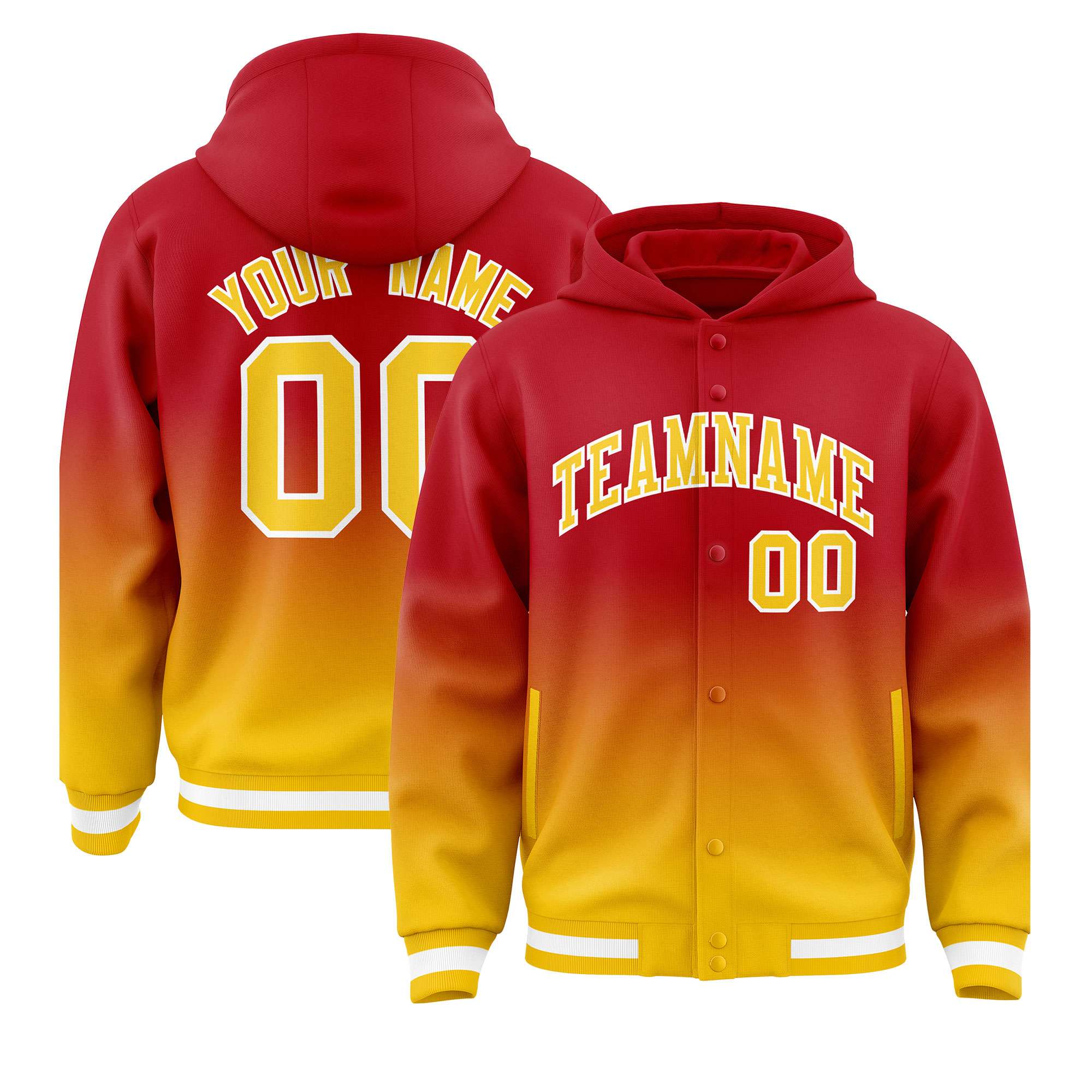 Custom Red Yellow Varsity Full-Snap Letterman Gradient Hoodie Jacket