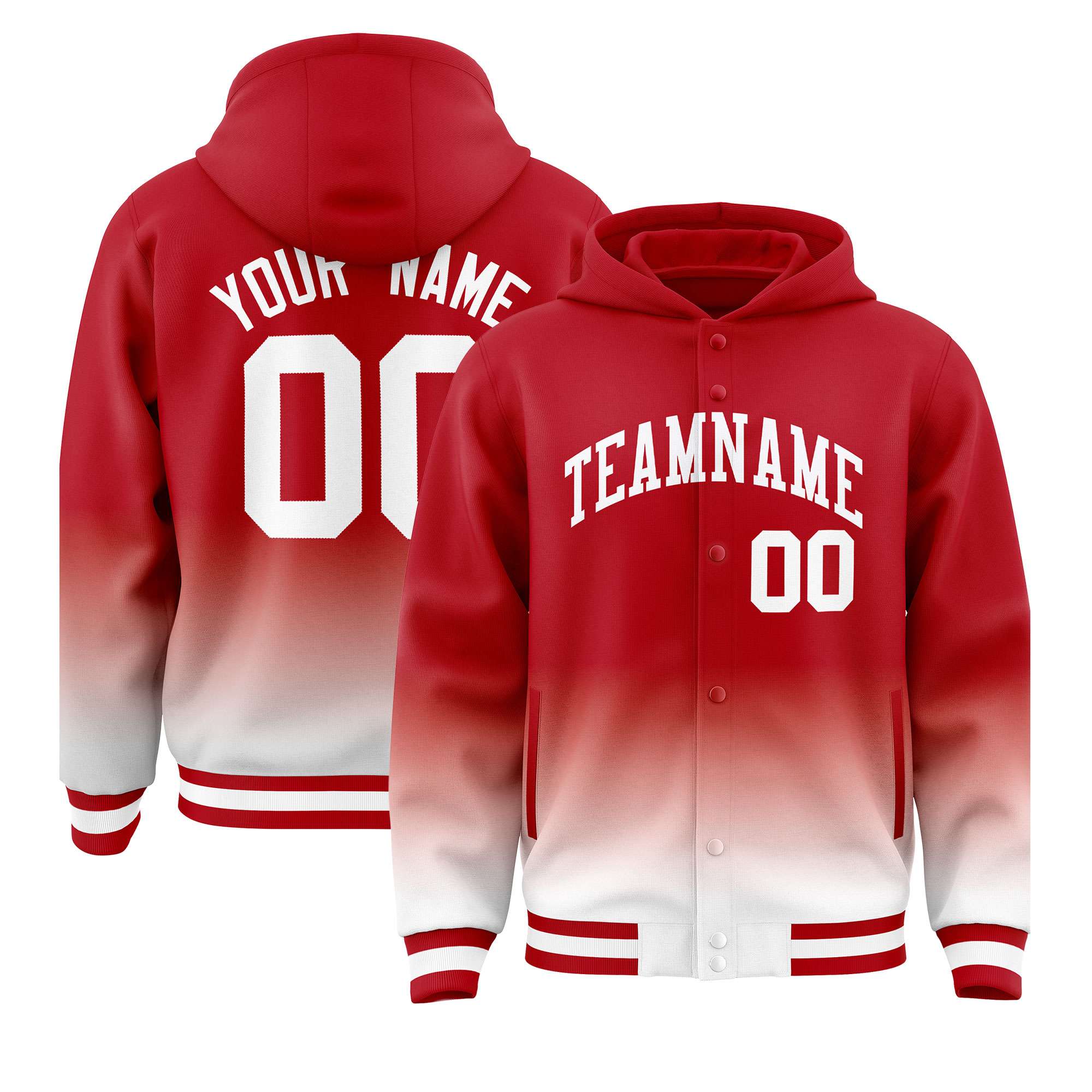 Custom Red White Varsity Full-Snap Letterman Gradient Hoodie Jacket