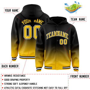 Custom Black Yellow Varsity Full-Snap Letterman Gradient Hoodie Jacket