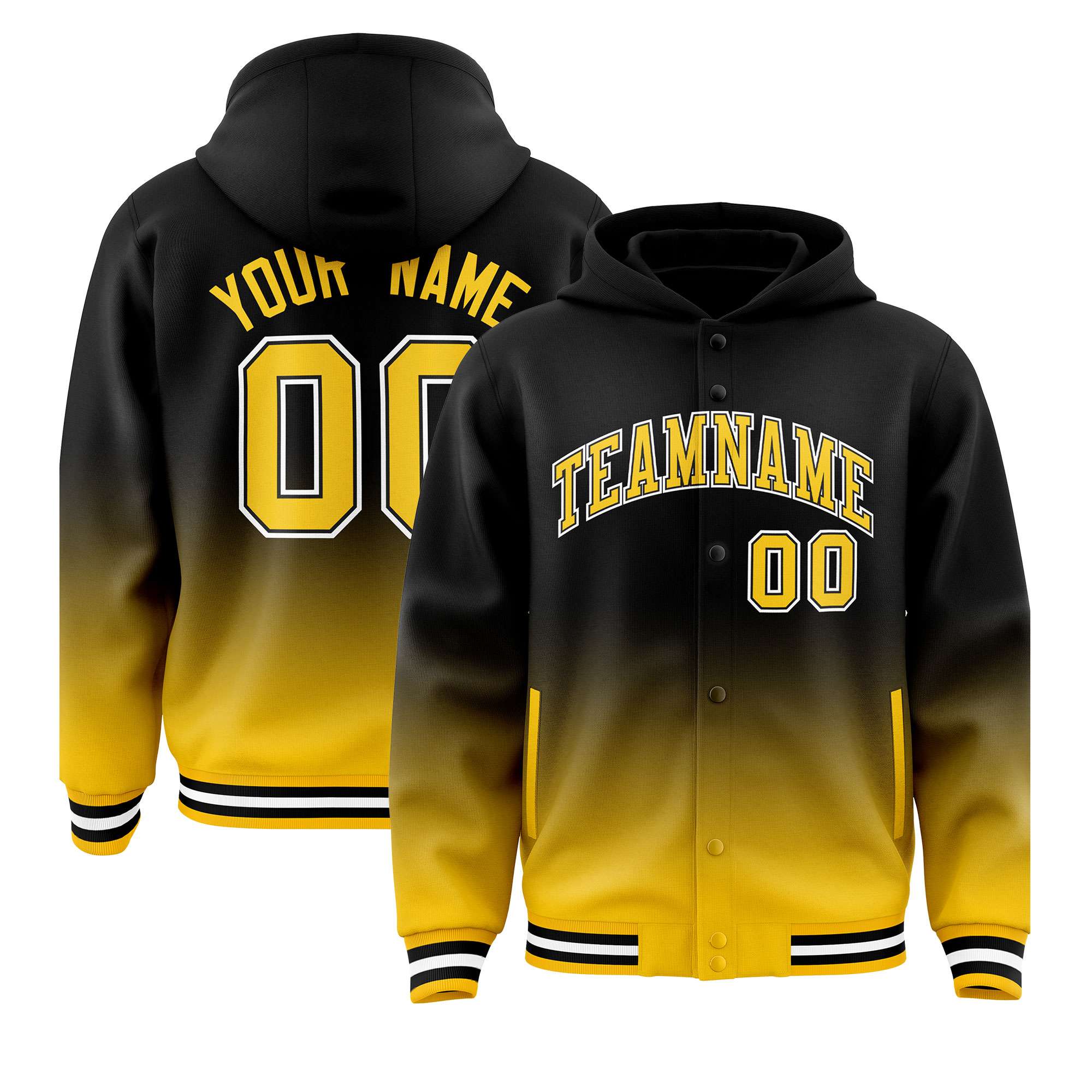 Custom Black Yellow Varsity Full-Snap Letterman Gradient Hoodie Jacket