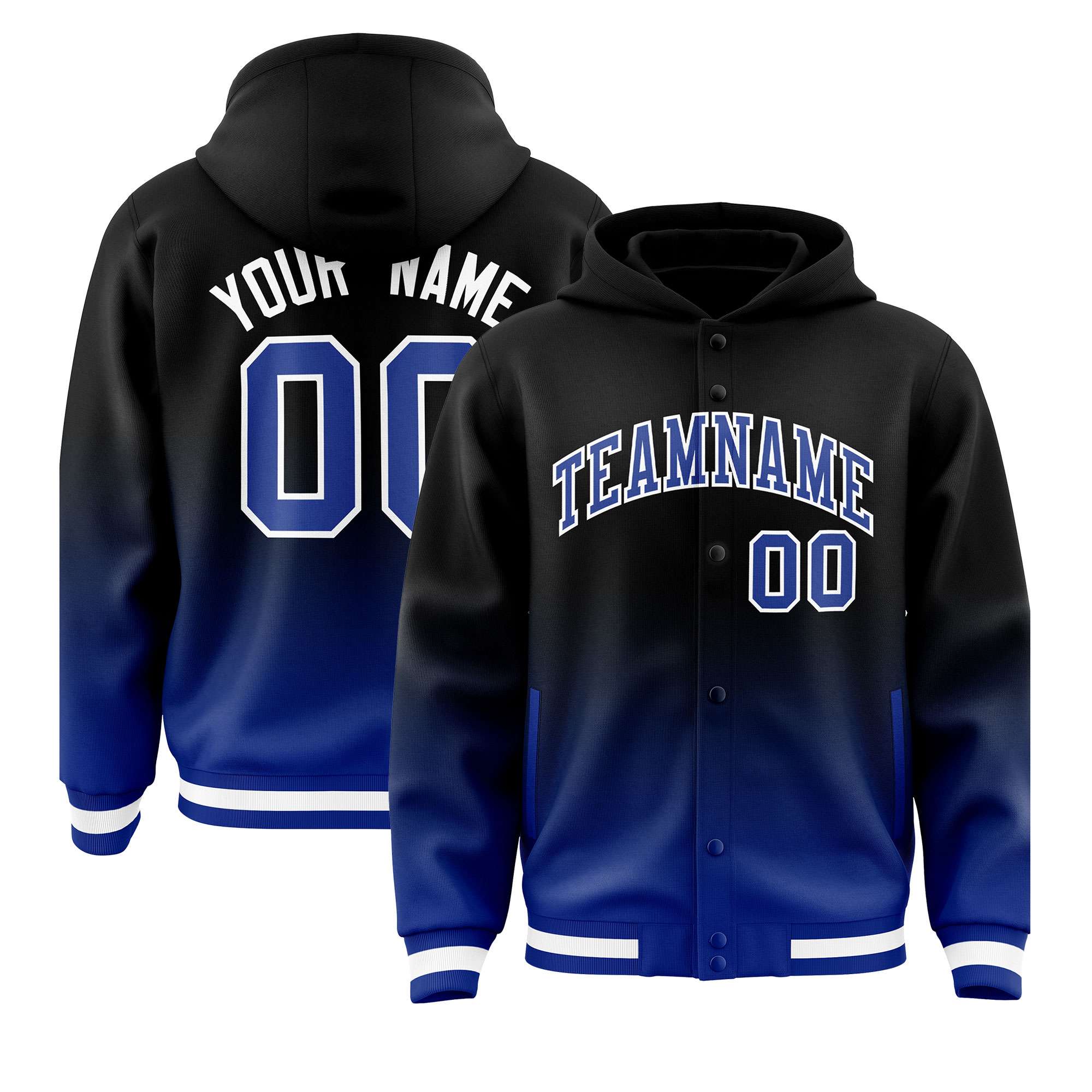 Custom Black Royal Varsity Full-Snap Letterman Gradient Hoodie Jacket