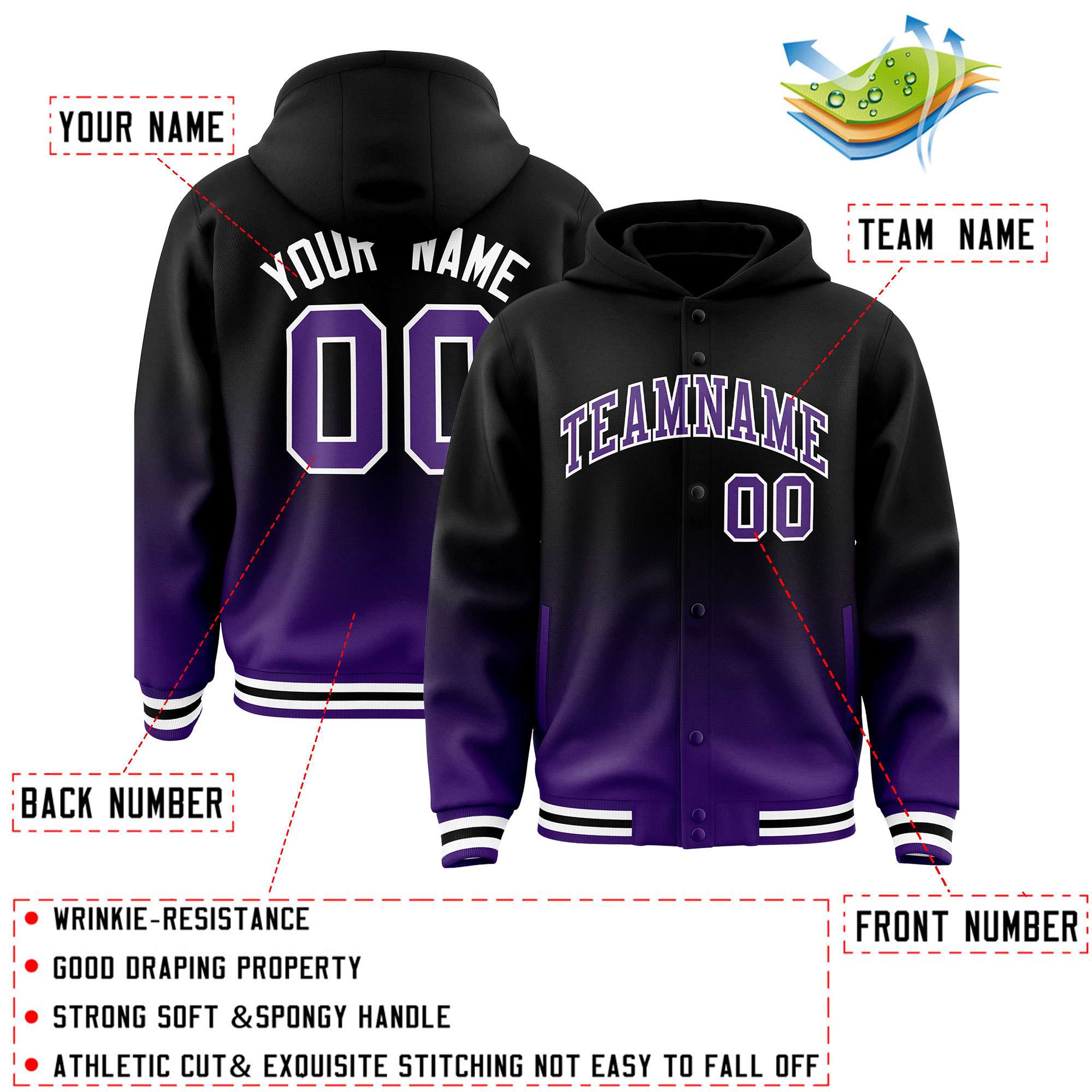 Custom Black Purple Varsity Full-Snap Letterman Gradient Hoodie Jacket