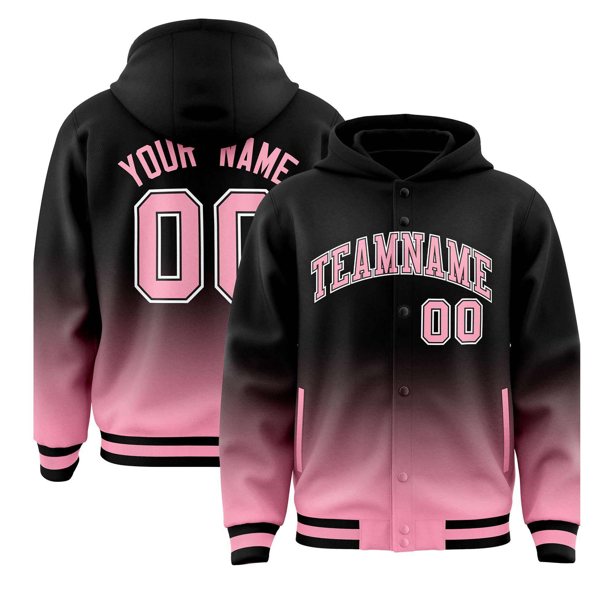 Custom Black Light Pink Varsity Full-Snap Letterman Gradient Hoodie Jacket