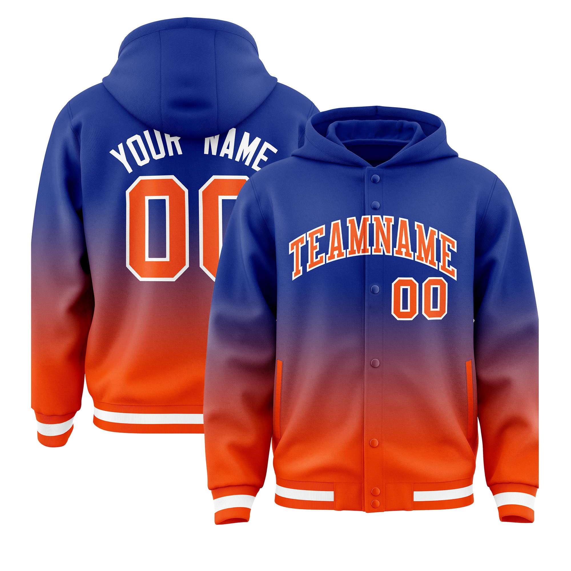 Custom Royal Orange Varsity Full-Snap Letterman Gradient Hoodie Jacket