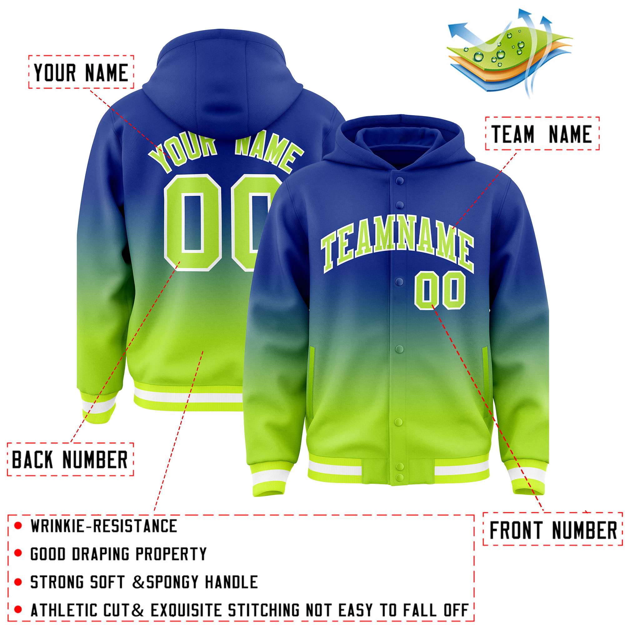 Custom Royal Neon Green Varsity Full-Snap Letterman Gradient Hoodie Jacket